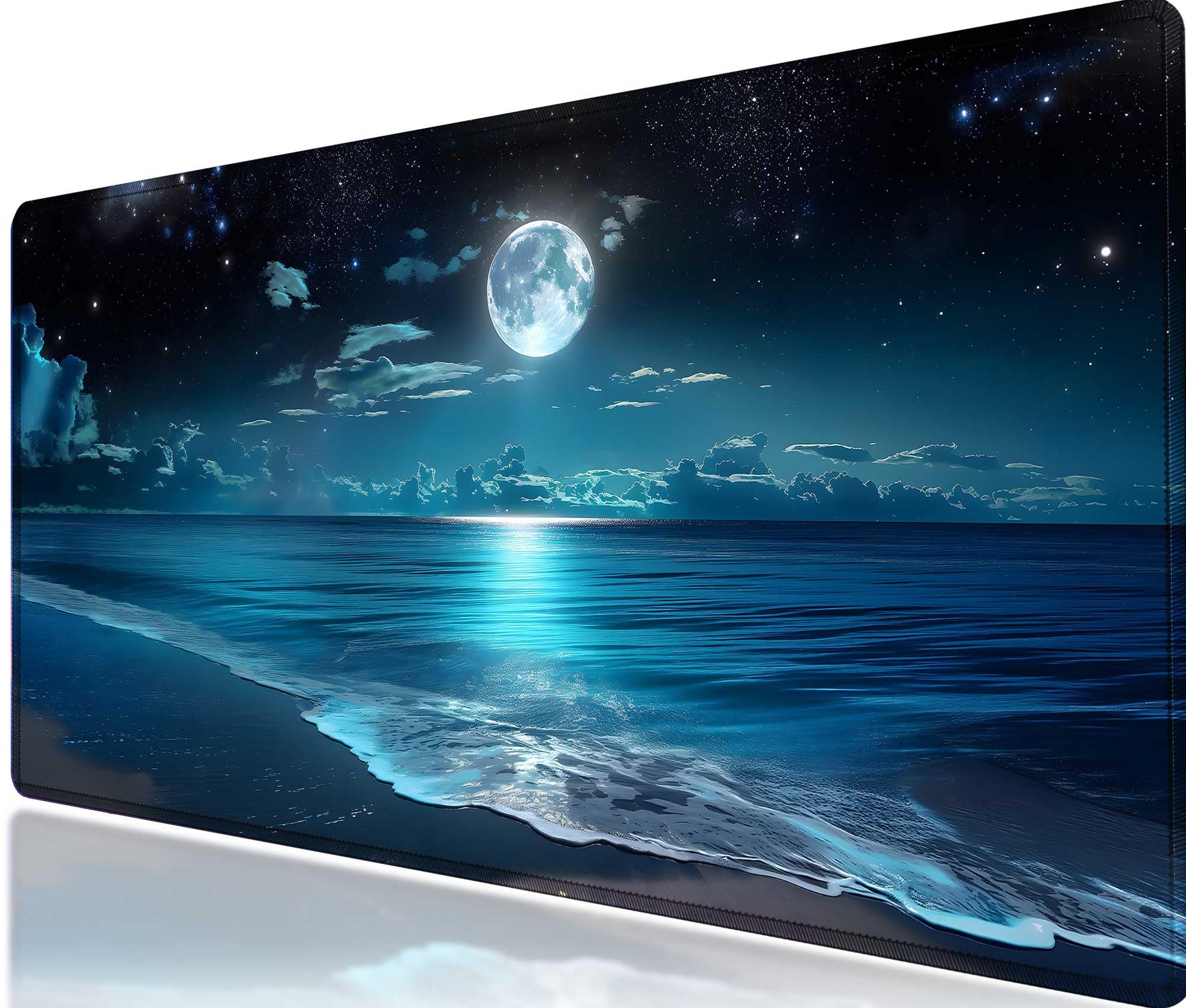 Moon Illuminating The Clear Blue Ocean Design Large Mouse pad,Large Extended Gaming Mouse Pad with Stitched Edges,Non-Slip Natural Rubber Base,