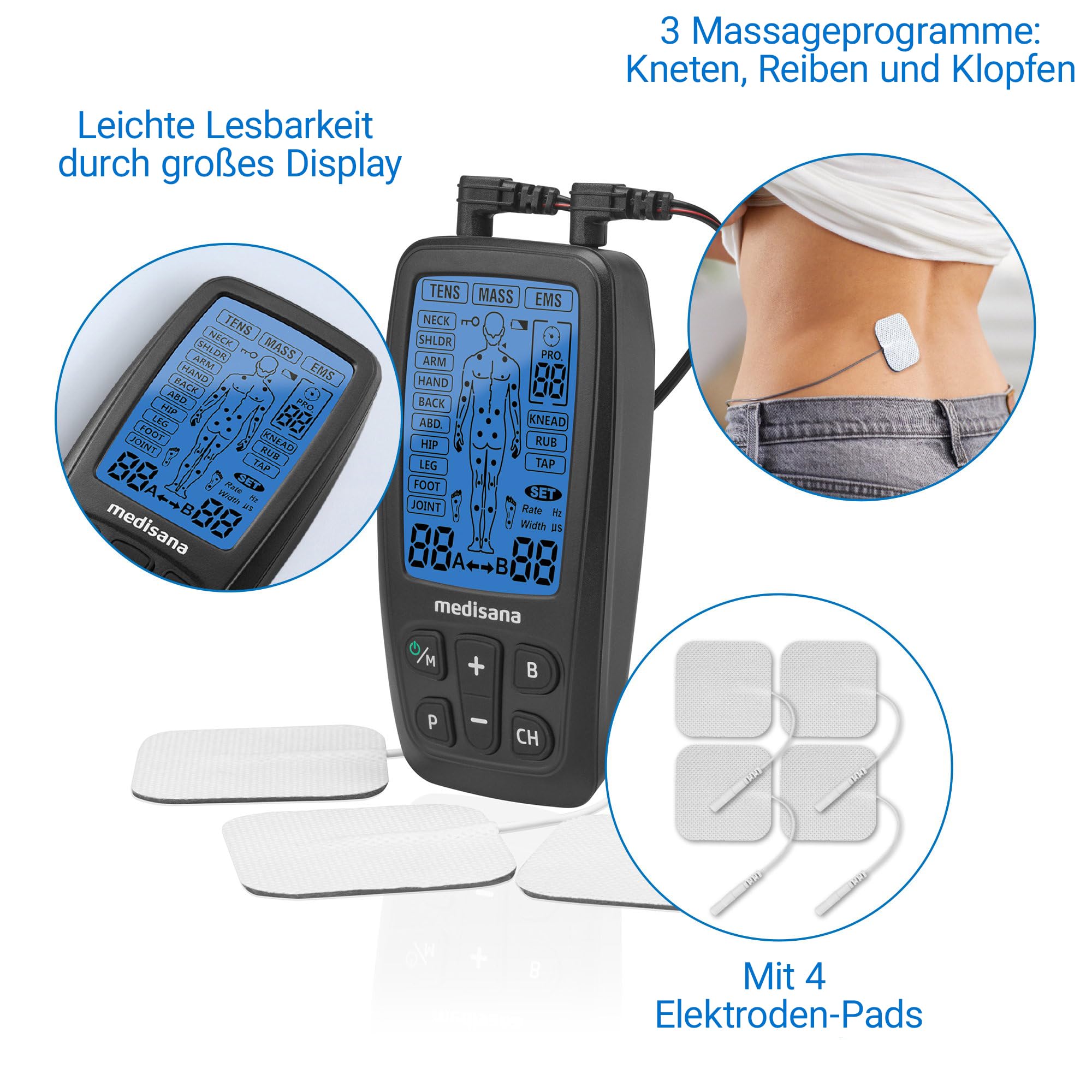 medisana TT 205 Elektrostimulationsgerät, Reizstromgerät, TENS & EMS | Zur Schmerztherapie mit 4 Elektrodenpads, mit Elektroden zur Muskelentspannung, Trainingsgerät zum Muskelaufbau