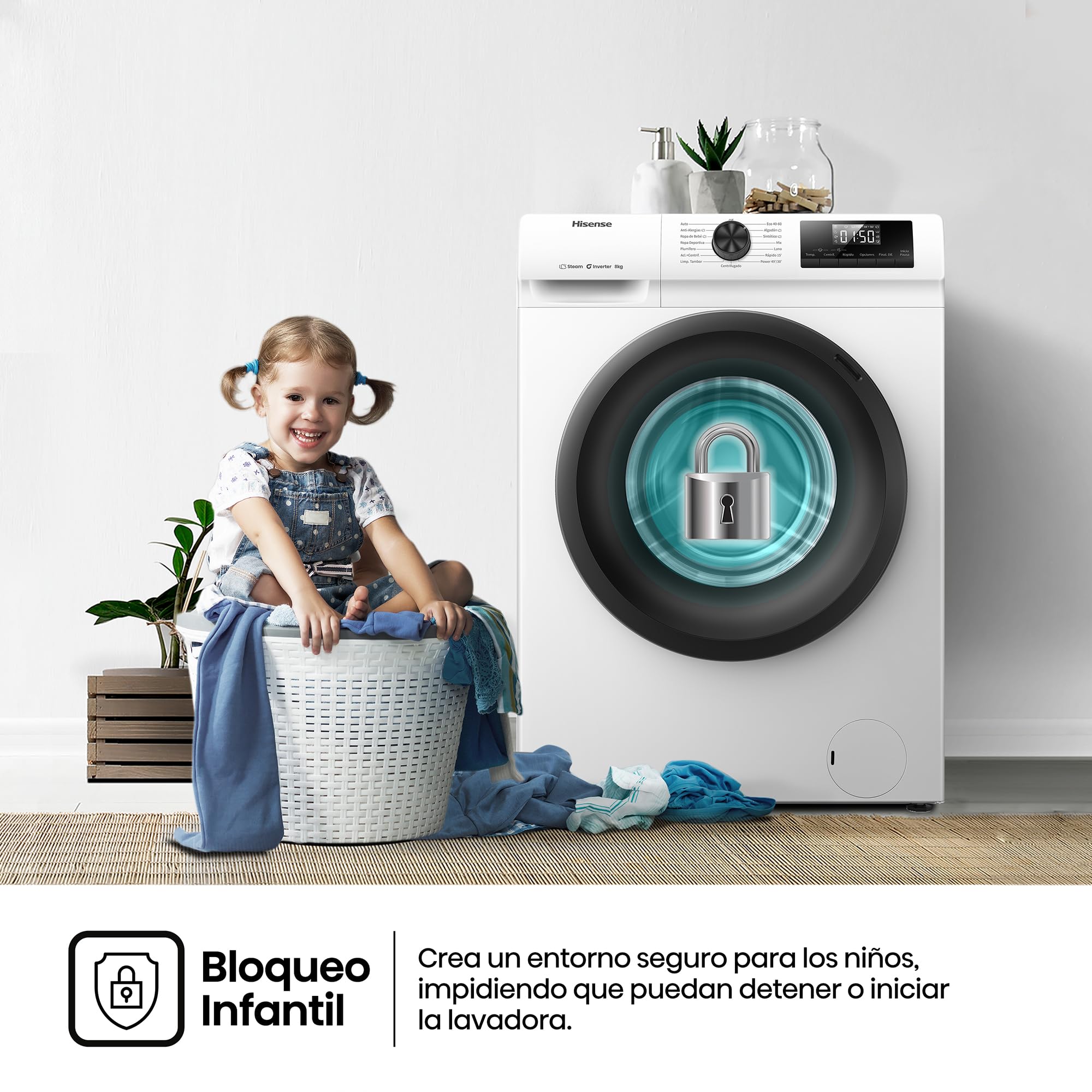 Hisense WF1Q8041BW - Lavadora, Class A, 8 Kg, 1400 rpm, Alto 85 cm x Ancho 60 cm, Color Blanco, Función Vapor 99,9%, Lavado Rápido+, Lavado Automático, Finalización Diferida, Tecnología Inverter