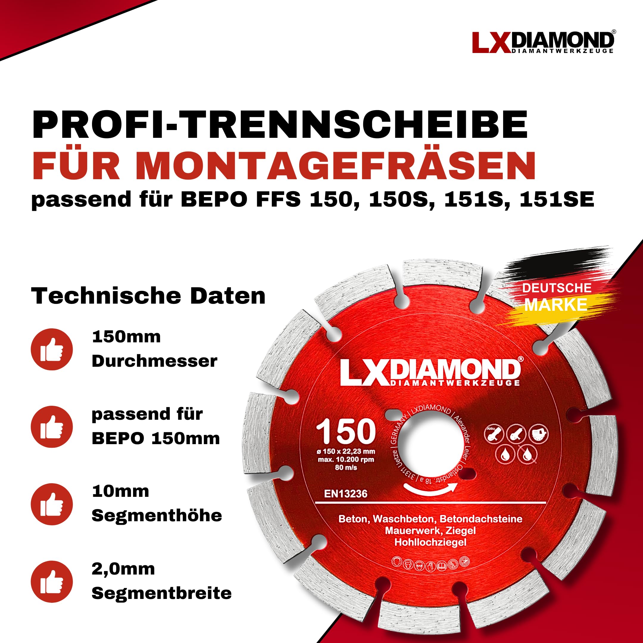 3x Diamant-Trennscheibe 150mm - Diamantscheibe passend für Bepo FFS 150 151 Montagefräse Fensterfugenschneider - 150 mm Trennscheibe für Beton Mauerwerk Ziegel - in Premium Qualität