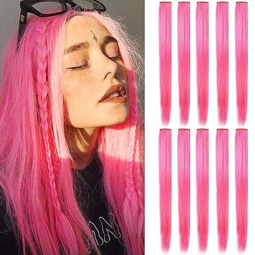 MOSCSMDY 10 extensiones de cabello rosa de 21 pulgadas para niñas, extensiones de cabello de color con clip, extensiones de cabello de colores para