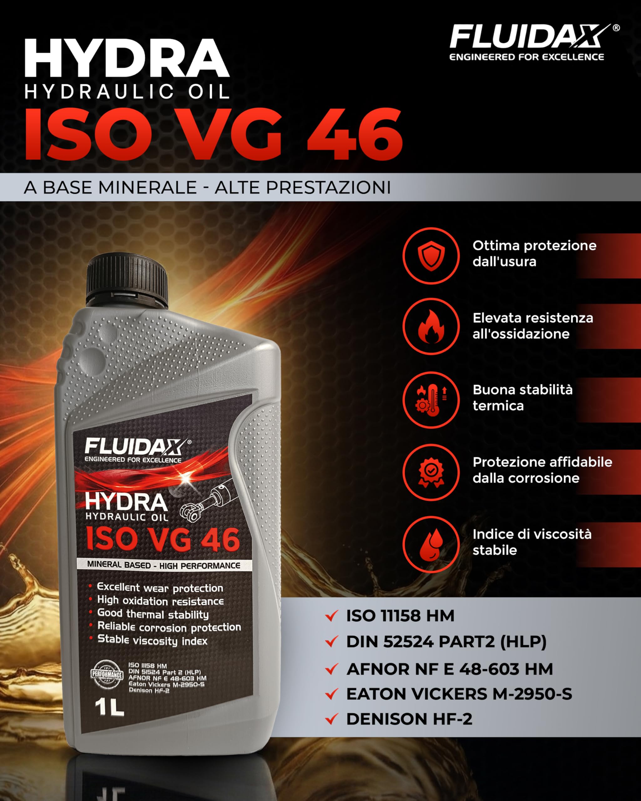Olio idraulico ISO VG 46 HLP per Impianti Idraulici, Lubrificante Minerale Antiusura, Antiruggine, Antischiuma, Elevato indice di Viscosità HLP - DIN 51524-51525 - ISO HM (1)