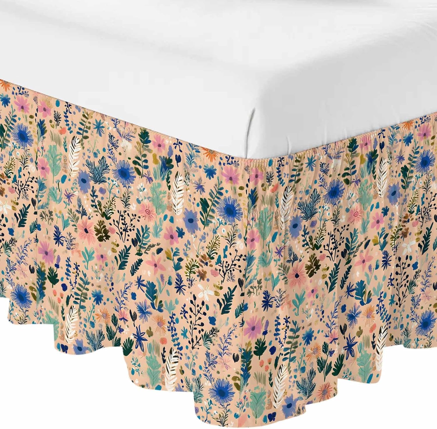 Colorful Spring Floral Bed Skirt Full/Queen Size Bed Skirting 16 Inch Drop Adjustable Elastic Dust Ruffles Wrap Around Bedskirt Pleated Farmhouse Summer Flowers Botanical Bedding Frame Cover for Dorm