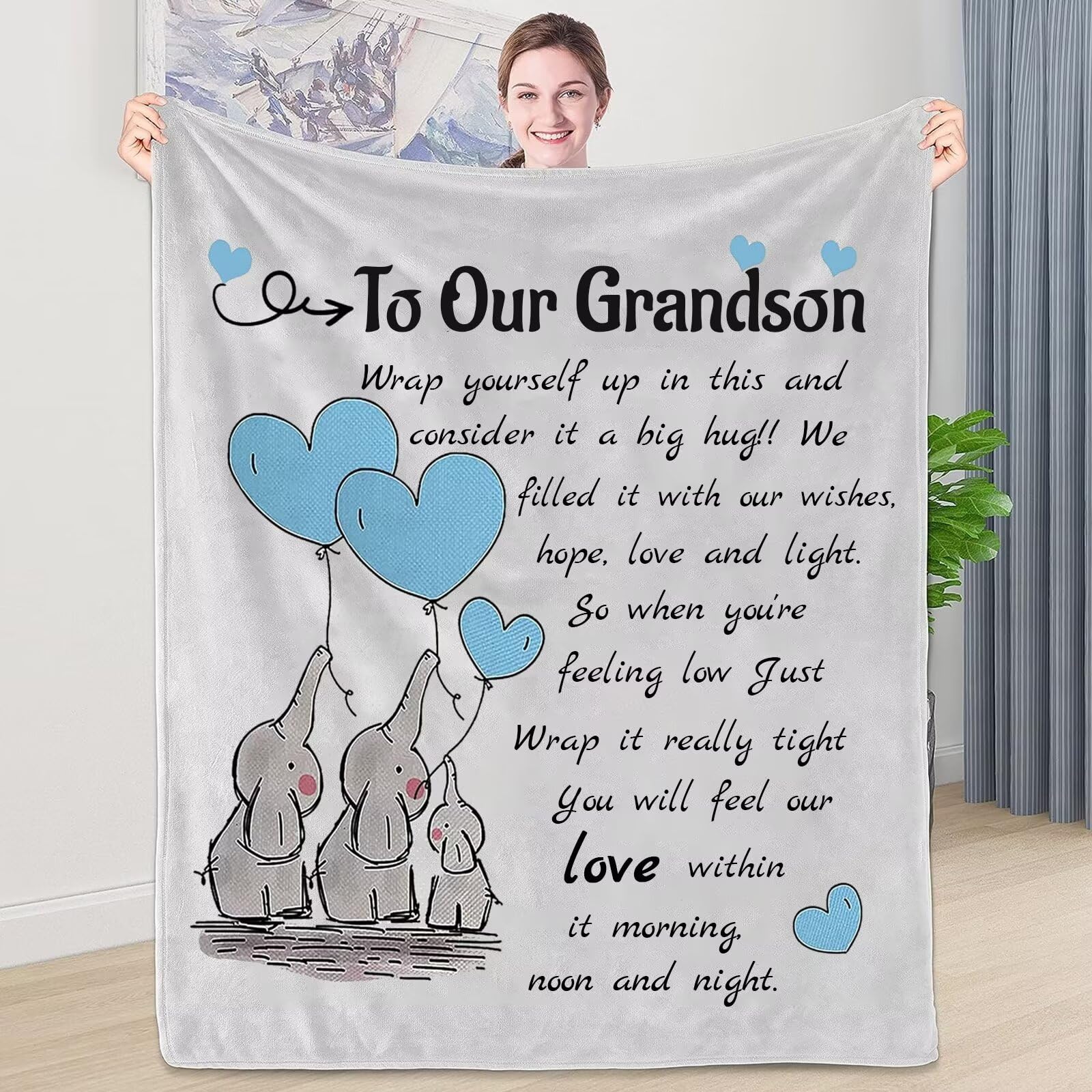 WJMSDK Gifts for Grandson - Personalised Elephant Blanket Gifts for Our Grandson, Grandson Birthday Gifts, Thanksgiving Christmas Birthday Graduation Gifts for Grandson