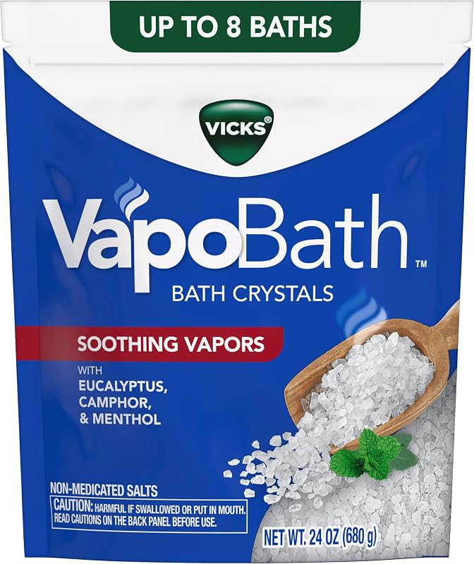 VapoBath, Bath Crystals, Soothing Non-Medicated Vicks Vapors, Refreshing Aromatherapy with Eucalyptus, Menthol, and Essential Oils, Bath Salts, 24oz