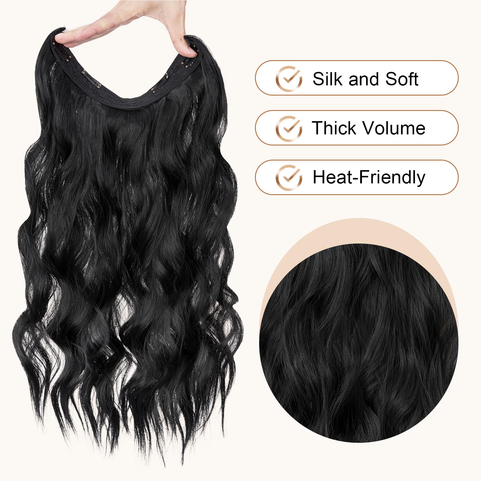 TESS Secret Wire Hair Extension Wavy Invisible One Piece Synthetic Hair Extensions Curly Full Thick Long Adjustable Hairpieces for Women (Dark Black - Image 2