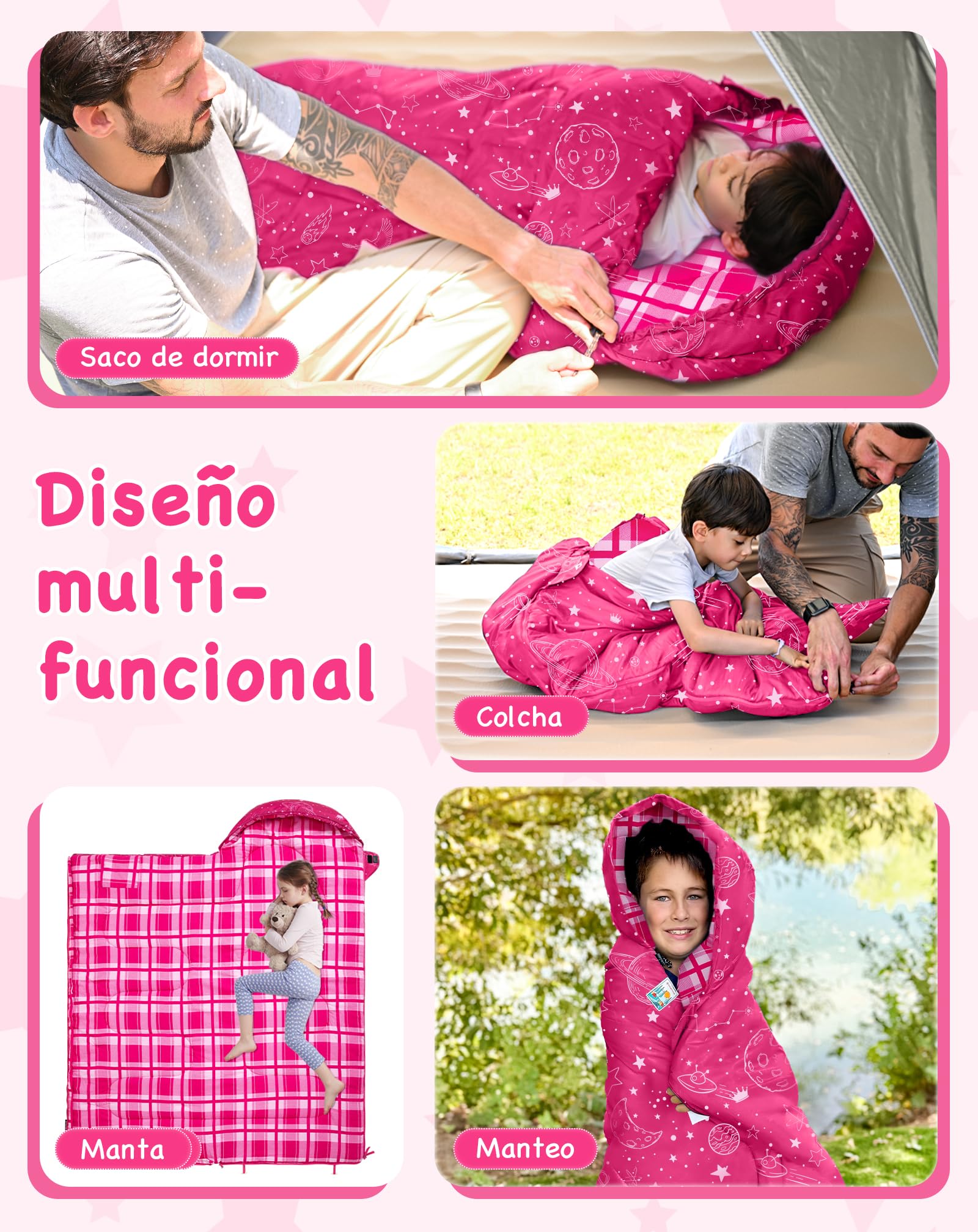 KingCamp Saco de Dormir Niños Franela de Algodón | 170 X 70 cm | 7℃ a -13 ℃ | Cálido y Cómodo para Niñas(Altura máxima hasta 145 cm) | Invierno Camping Accesorios, Viajes y Actividades
