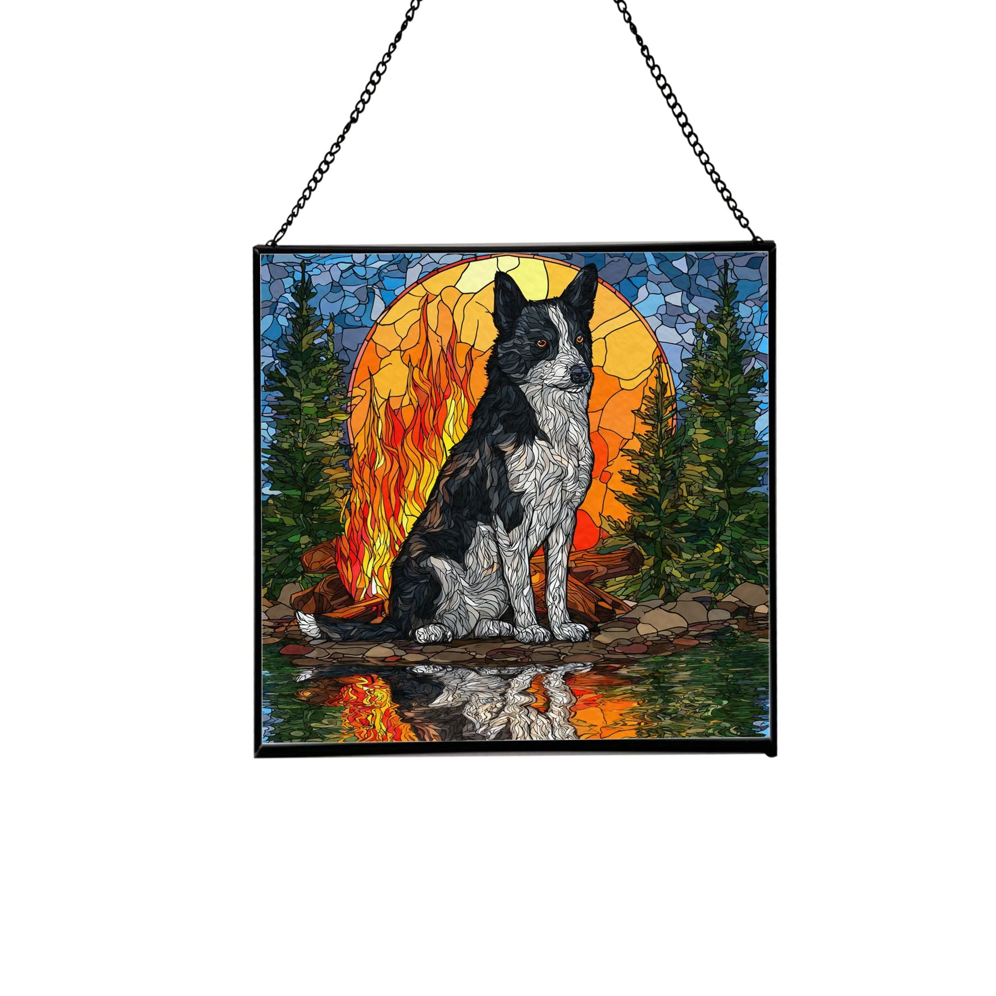 Karelian Bear Dog Christmas Stained Glass Suncatcher – Square Hanging Holiday Window Panel with Cozy Fireplace Scene – Winter Glass Art Decoration Gift for Animal Lovers, Pet Owners JhWN7j