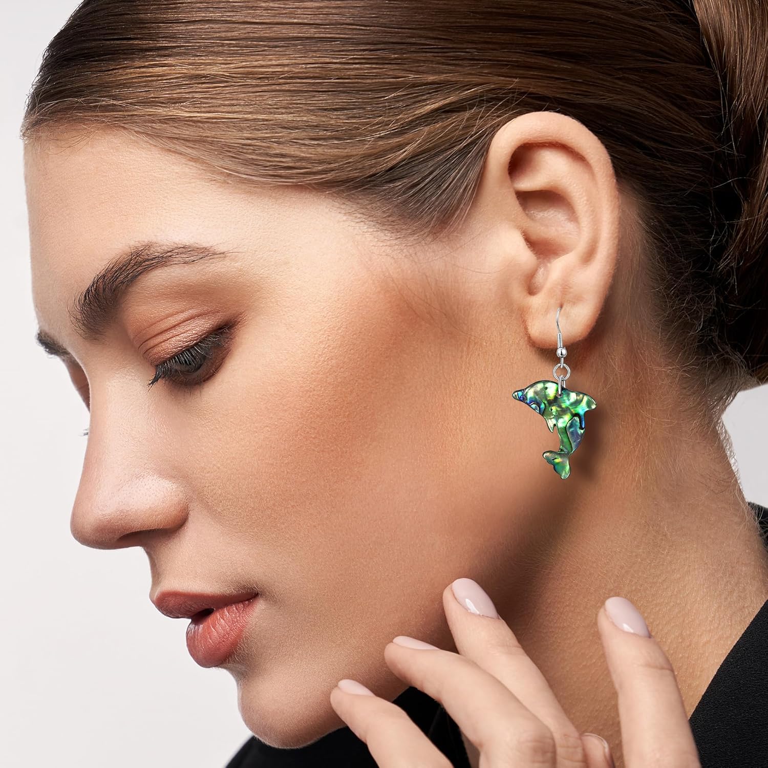 AeraVida Handmade Dolphin Dangle Earrings with Abalone Shell Inlay | Ocean-Inspired .925 Sterling Silver Animal Jewelry | Lightweight Fish Hook Pierced Earrings for Women - Image 2