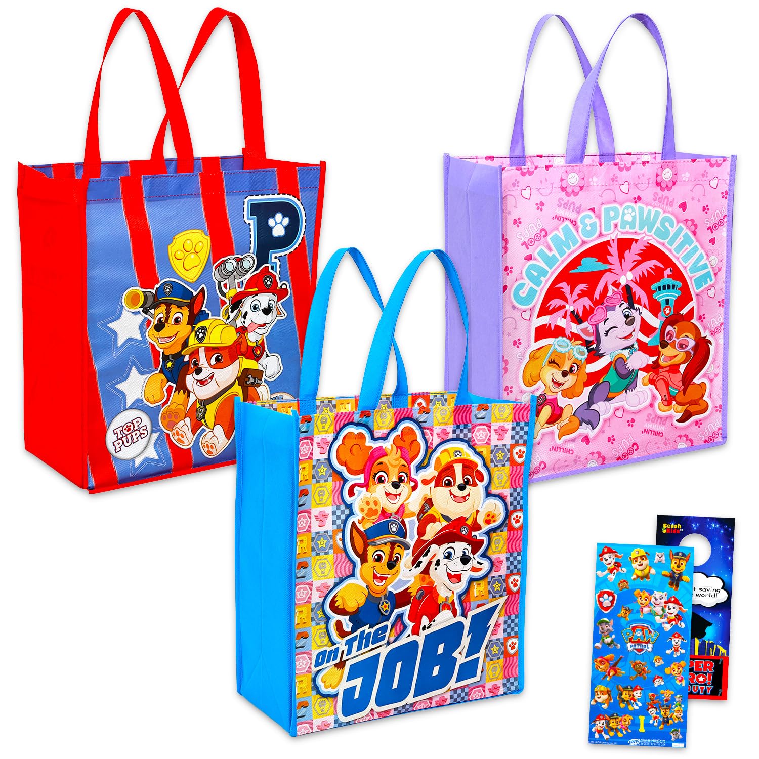 Paw Patrol Tote Bag Bundle - Accessories Bundle with 3 Grocery Bags Featuring Chase, Marshall, Skye, Rubble, Zuma, Everest Plus Stickers, More | Paw