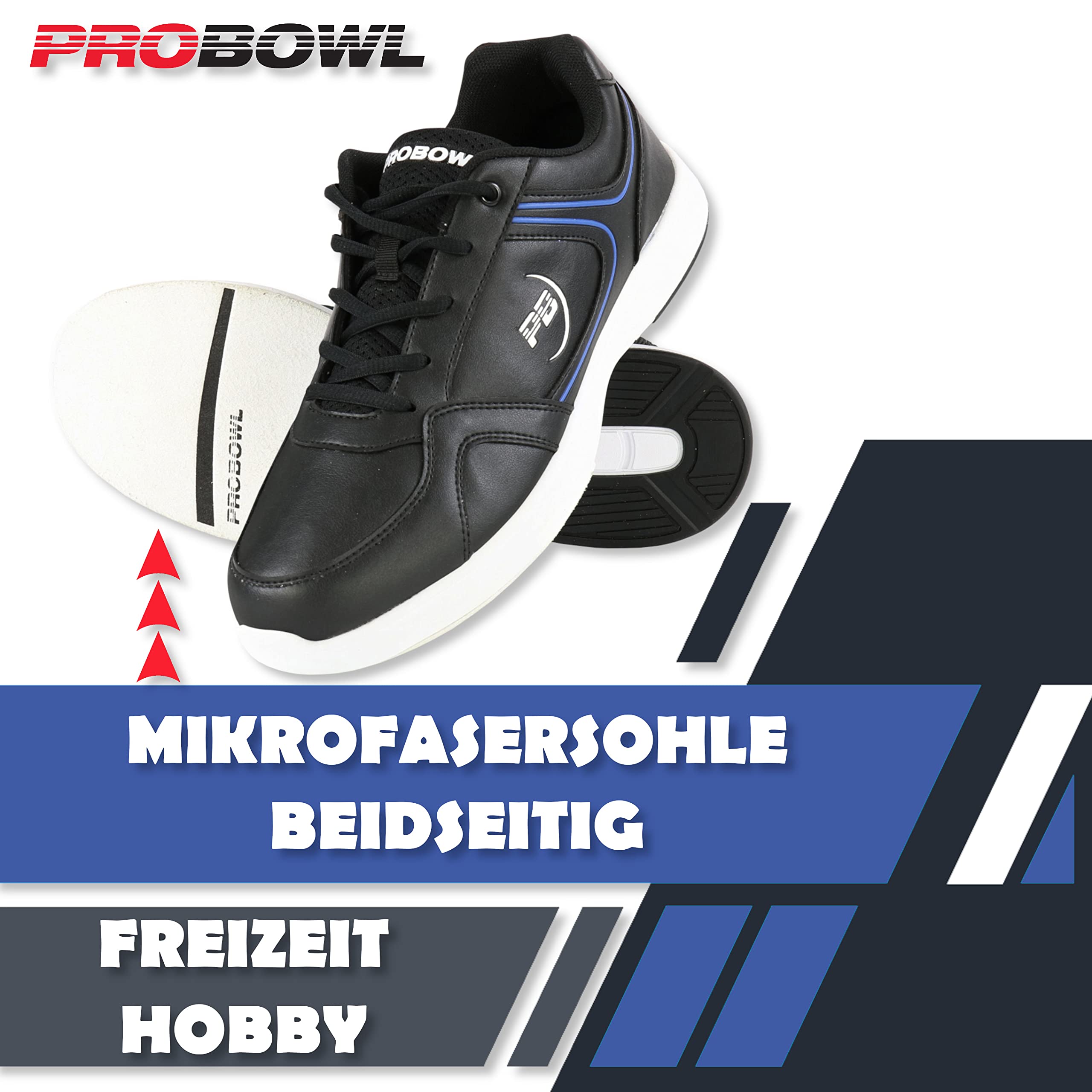 EMAX | Pro Bowl - Bonega – Bowlingschuhe Herren Erwachsene | Bowling-Schuh mit Gleitsohle in Lederoptik | Schwarz/Blau