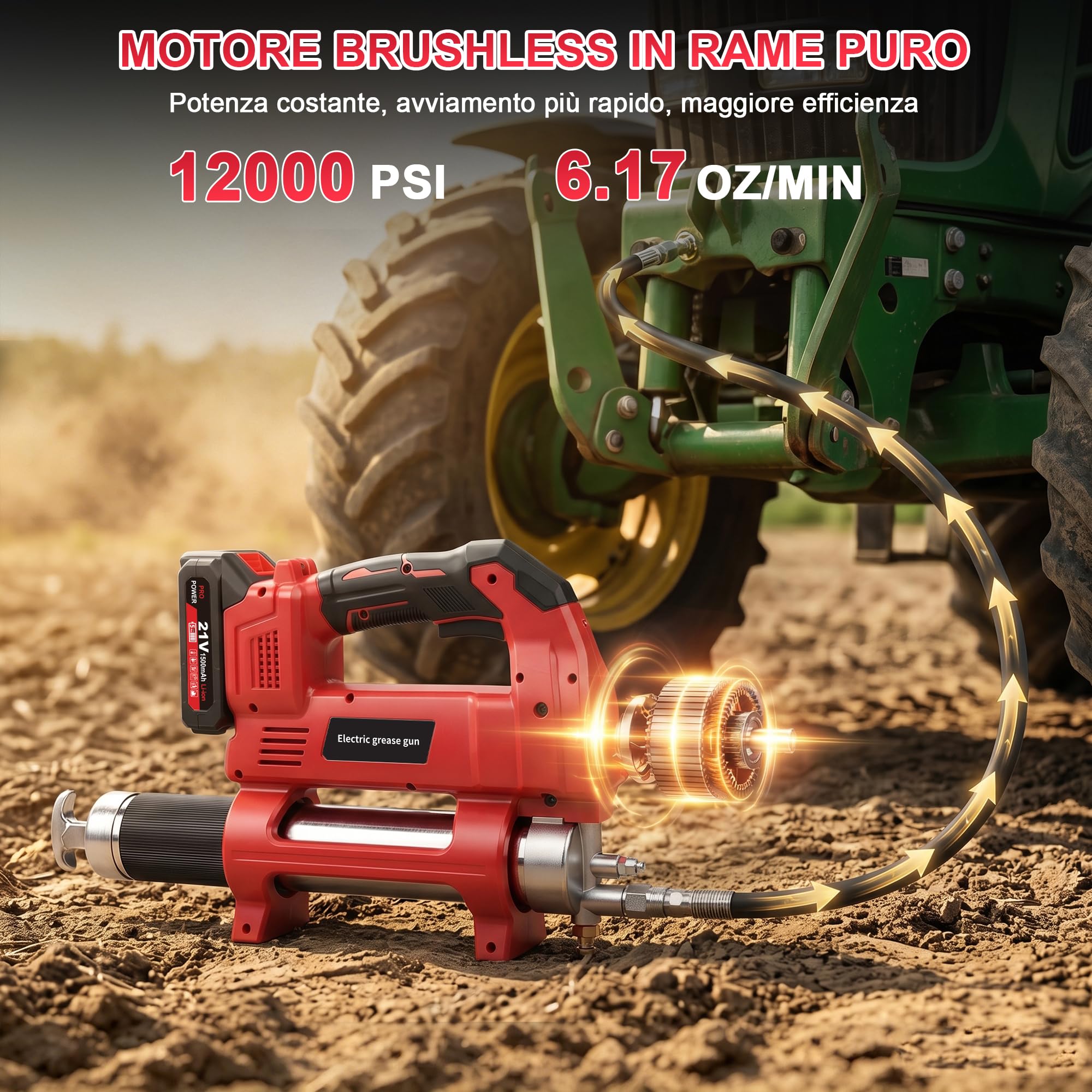 Pistola per grasso elettrica a batteria, 12000 PSI, kit con 2 batterie da 1,5 Ah e caricabatterie, 6,17 oz/min, tubo lungo 1 m, 3 ugelli, pistola per grasso senza spazzole per trattori, camion