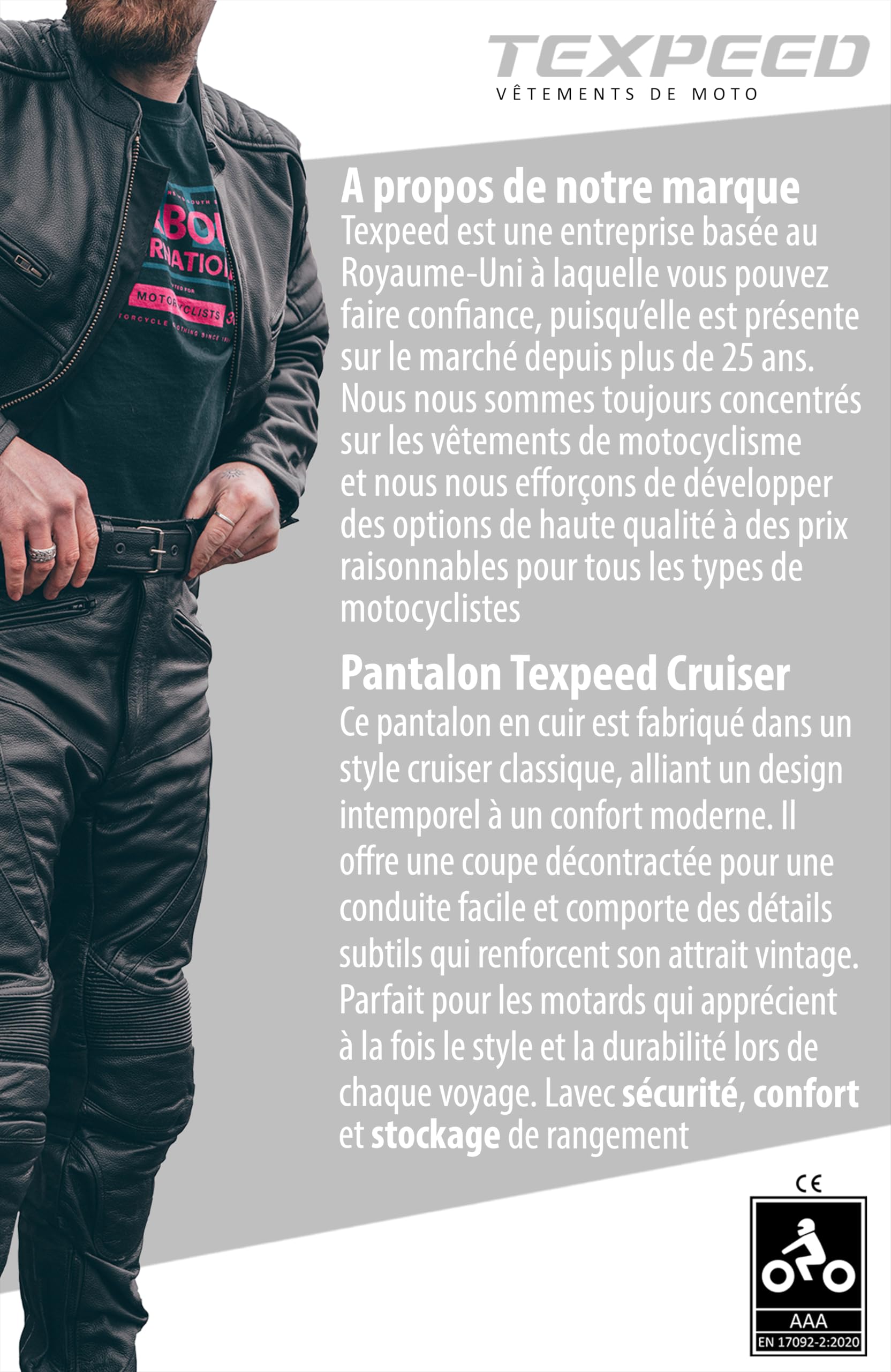 Texpeed Pantalon moto hommes - De tourisme en cuir pour Moto Cruiser avec protection authentique biker CE armor (EN 1621-1) Noir - (L Taille/Jambe Courte)