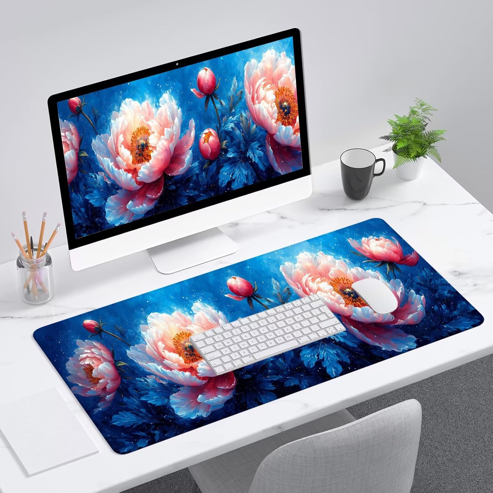 Blu Tappetino Mouse Gaming, Tappetino Mouse XXL 1200 x 500 mm, Tappetino Mouse Fiore, Mouse Pad con Base Antiscivolo, Bordi Cuciti Tappetino per Mouse, Tappetino Mouse Gaming di Alta Precisione S-163