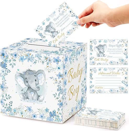 50 boletos para rifas de pañales de elefante con caja de soporte para baby shower, decoraciones de fiesta de bebé, caja de rifa de pañales, tarjeta