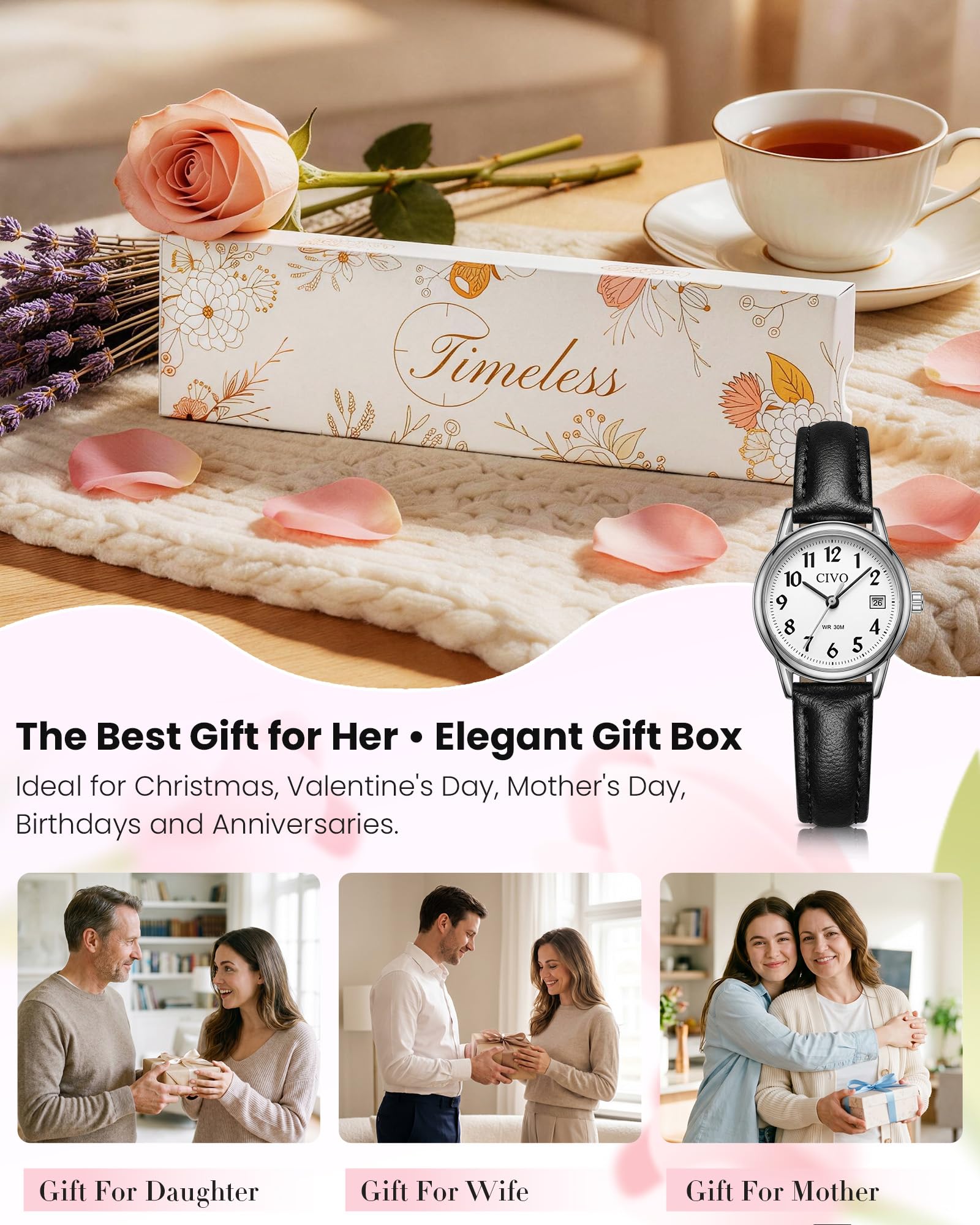 CIVO Reloj Mujer Fácil de Leer: Esfera Clara con Combinada Números con Fecha - Reloj de Pulsera Analógico para Uso Diario Informal Regalo para Dama de Muñecas Esbeltas