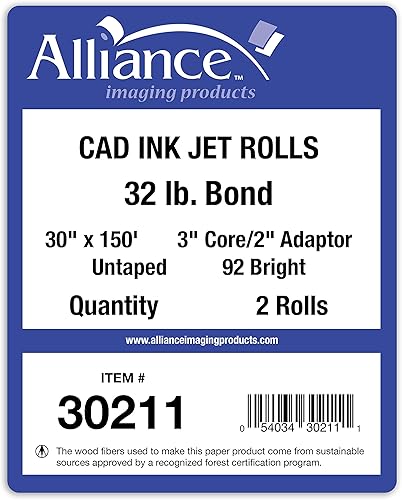Miniatura 9 de Alliance Rollos de papel de formato ancho CAD Bond de 30 pulgadas de ancho (4 rollos, 30 pulgadas x 150 pies  núcleo de 2 pulgadas)