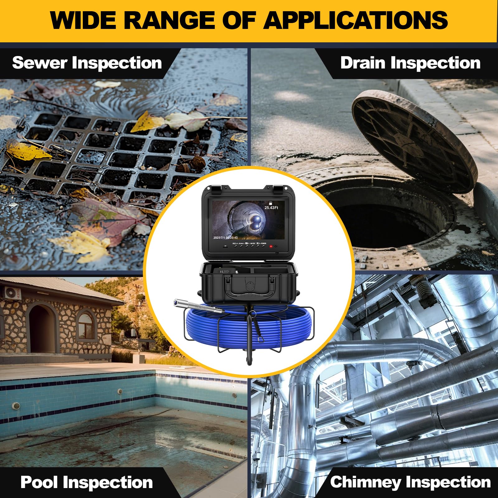 Anysun Cámara de alcantarillado de 100 pies, cámara de inspección de tuberías autonivelante con contador de distancia, cable de 0.28 pulgadas de diámetro, cámara de fontanería con pantalla IPS 1080P