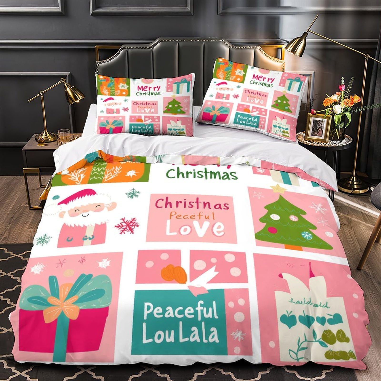 Parure de lit hypoallergique et douce avec housse couette sapins Noël king size