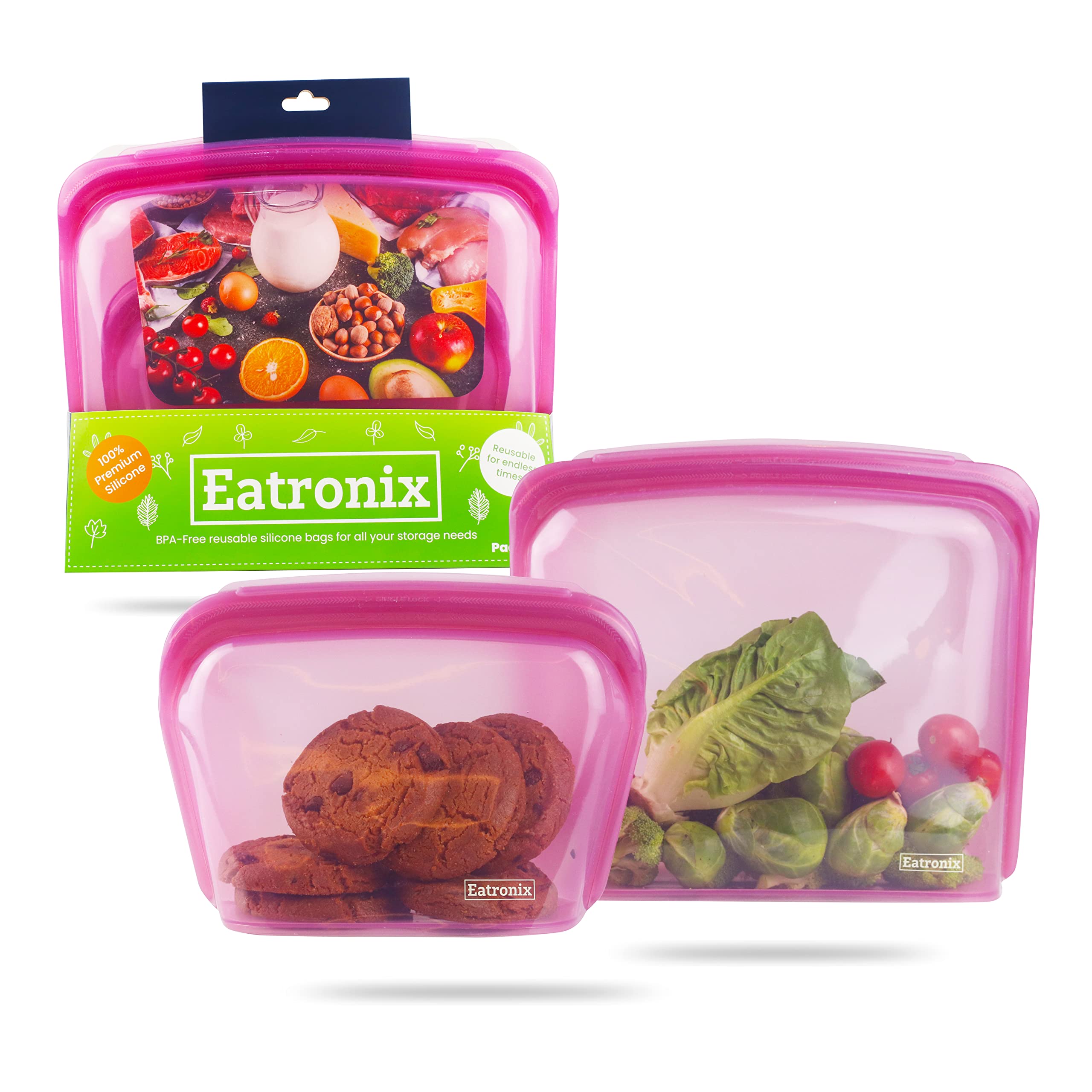 Eatronix Pack of 2 Extra Large Reusable Silicone Freezer Bags - Leakproof Refrigerator Food Storage Bags - Airtight BPA Free, Ziplock Bags, Microwave & Freezer Safe - Great Kitchen Organizer