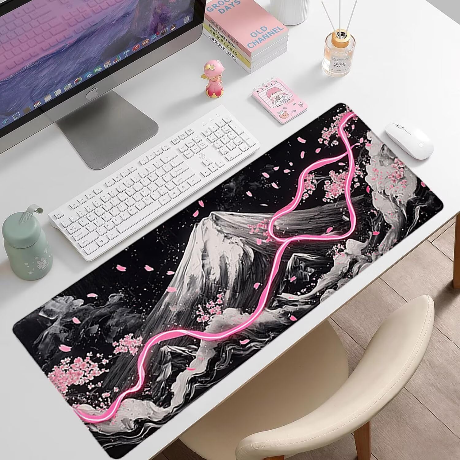 Podkładka pod mysz XXL, kwiaty wiśni, duża gamingowa podkładka pod mysz 1600 x 800 x 3 mm, wąwóz Mouse Pad ze szwami na krawędziach, ponadwymiarowa, antypoślizgowa gumowa podkładka pod mysz, podkładka