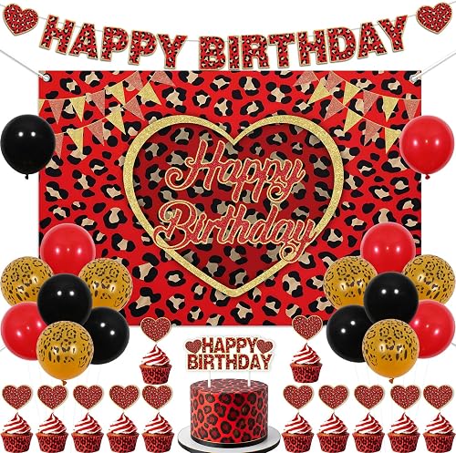 Red Cheetah Birthday Decorations Set, Leopard Print Happy Birthday Backdrop with