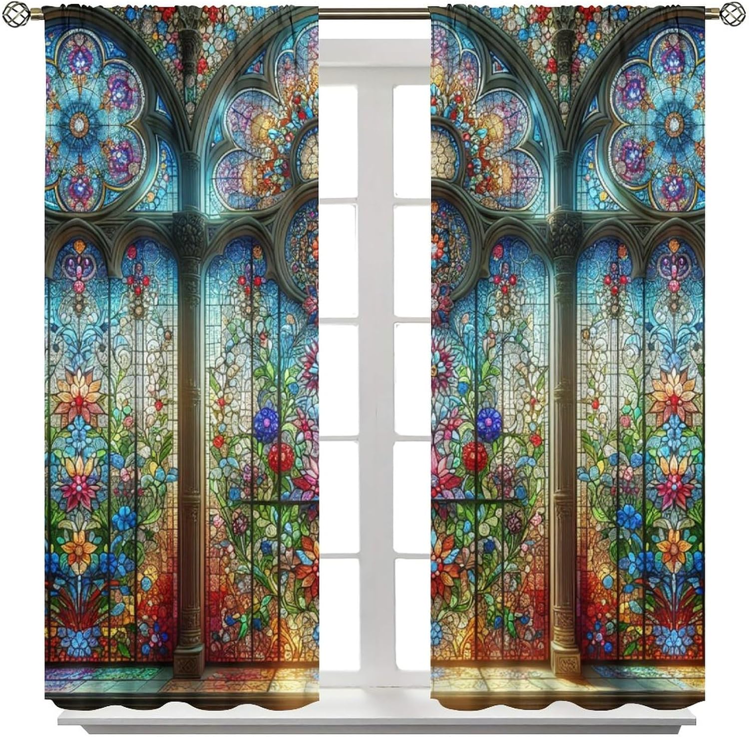 Stained Glass Curtains Vintage Abstract Geometry Floral Window Treatments for Boys Girls Bedroom Living Room Window Drapes 55" W X 63" L