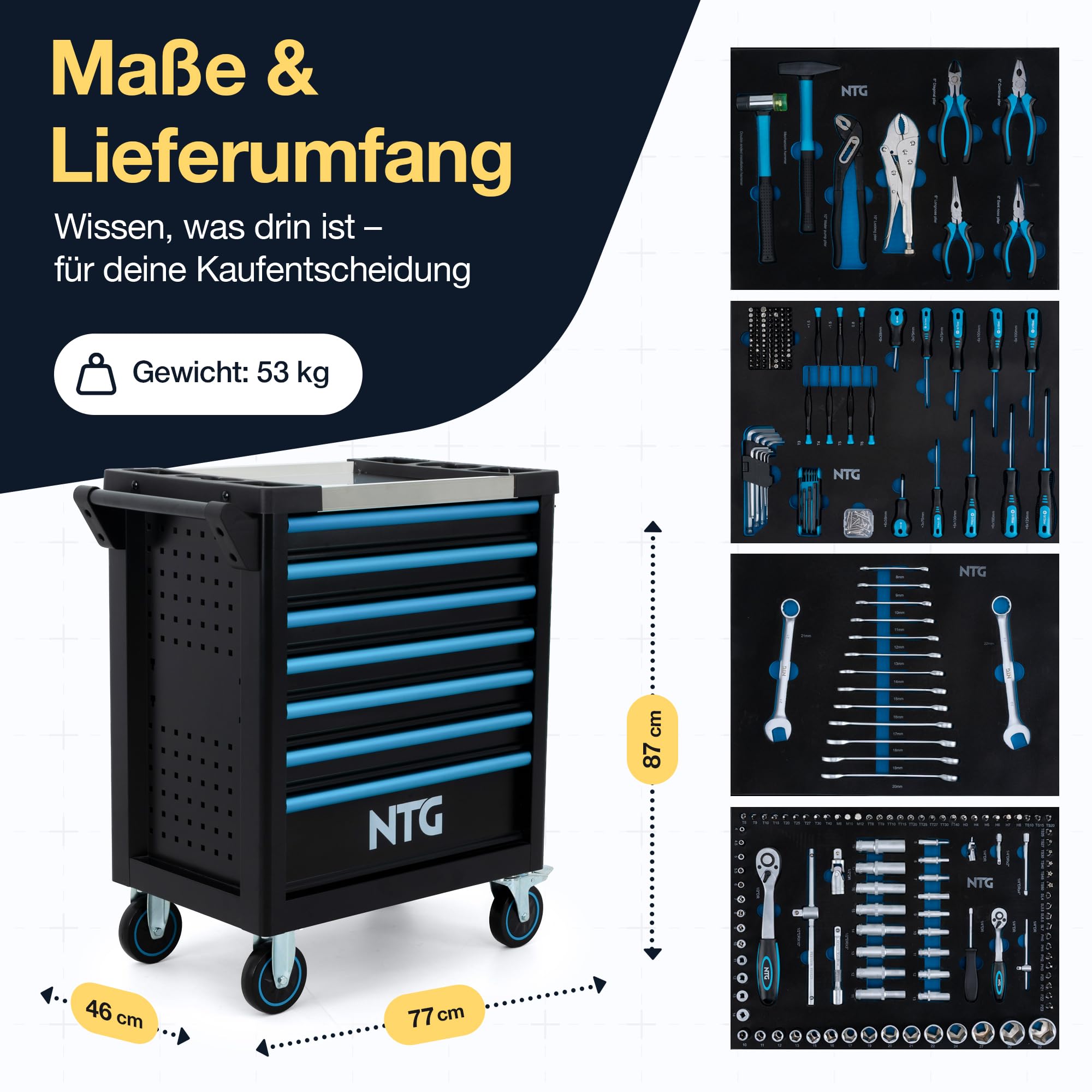 NTG WERKZEUGWAGEN GEFÜLLT MIT 290-TLG Werkzeug – Werkstattwagen, 7 Schubladen, abschließbar mit Zentralverriegelung, Mobile Rollen, stabile Stahlkonstruktion für Werkstatt & Garage