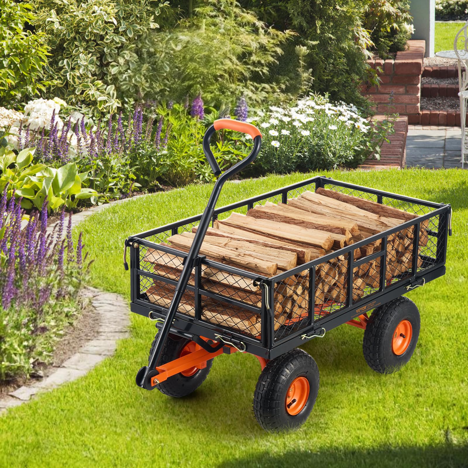 VEVOR Chariot à benne basculante, capacité de charge 181 kg, chariot de jardin en métal robuste avec cadre facile à assembler, poignée convertible 2 en 1, roues 255 mm, chariot utilitaire pour pelouse