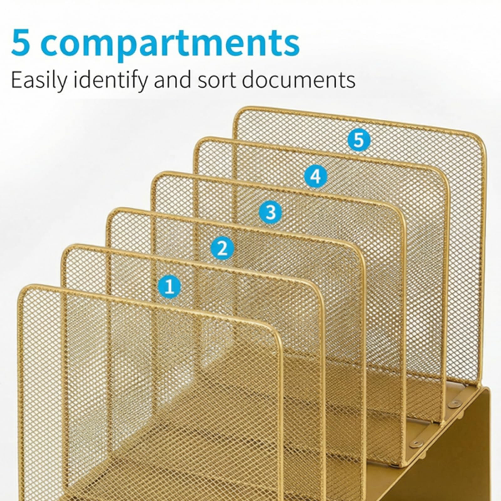 LEKETREE Aktenordner für Schreibtisch, Aktenordner, Organizer mit 5 Fächern, vertikales Regal, geeignet für Home Office, Dokumentenorganisation und Aufbewahrung (Gold)