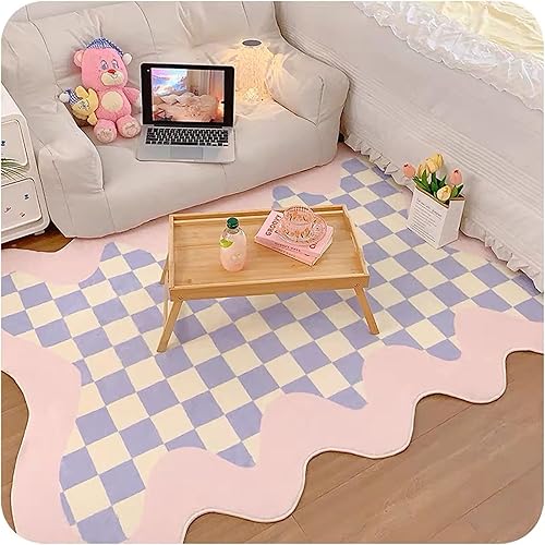 Houient Alfombra de área irregular morada, una alfombra decorativa moderna y simple impresa con patrones de tablero de ajedrez morado y blanco,