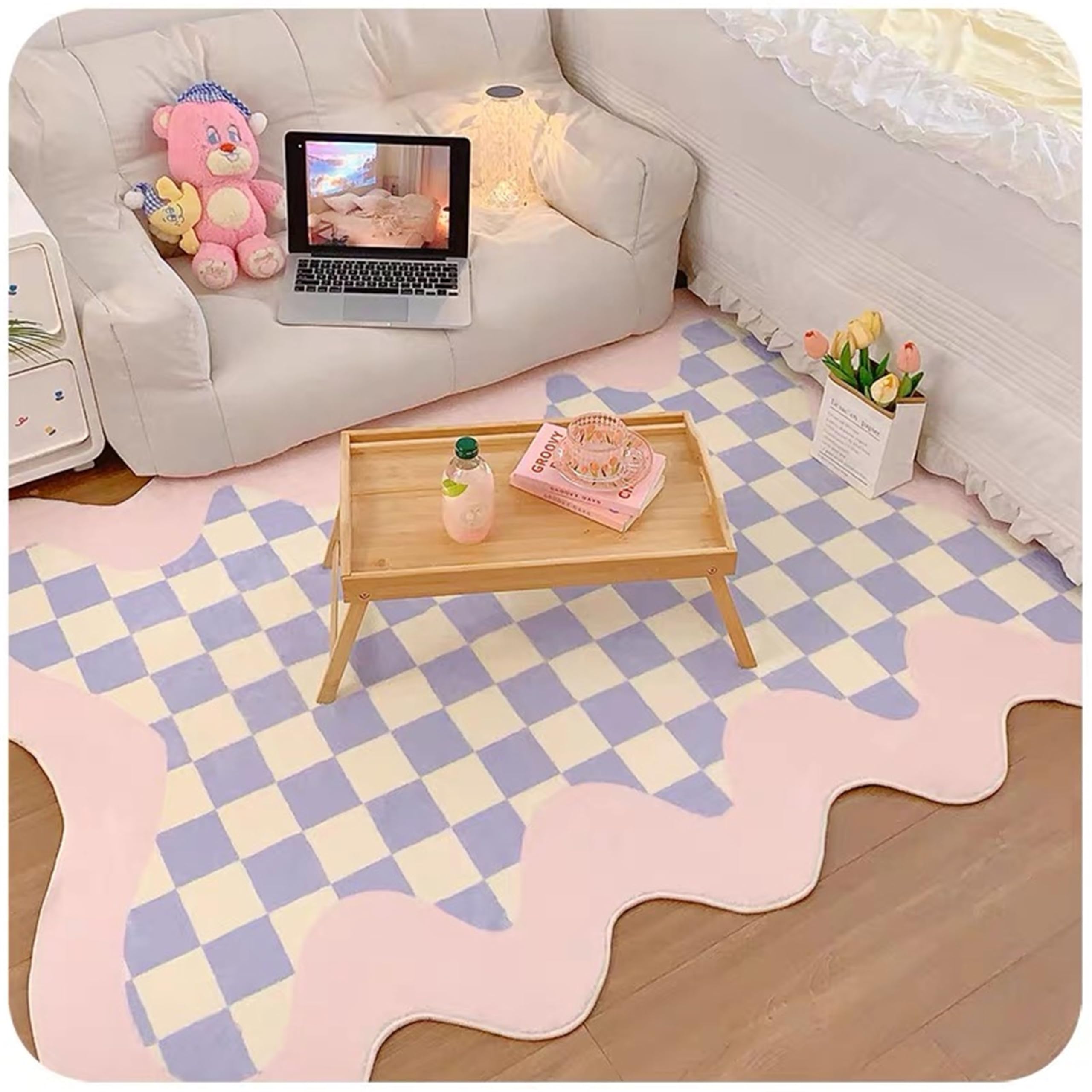 Houient Purple Irregular Area Rug,A Modern Simple Decorative Carpet Printed with Purple White Checkerboard Patterns, Large Area Non-Slip