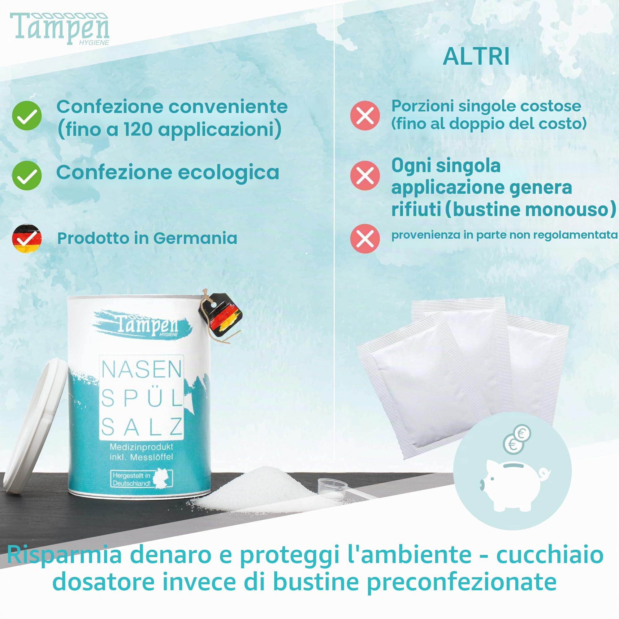 Tampen Hygiene, Nasenspülsalz, sale per lavaggi nasali (sfuso), con cucchiaio dosatore. 120 applicazioni. Ricarica da 300 g. Sale per docce nasali (etichetta in lingua italiana non garantita)