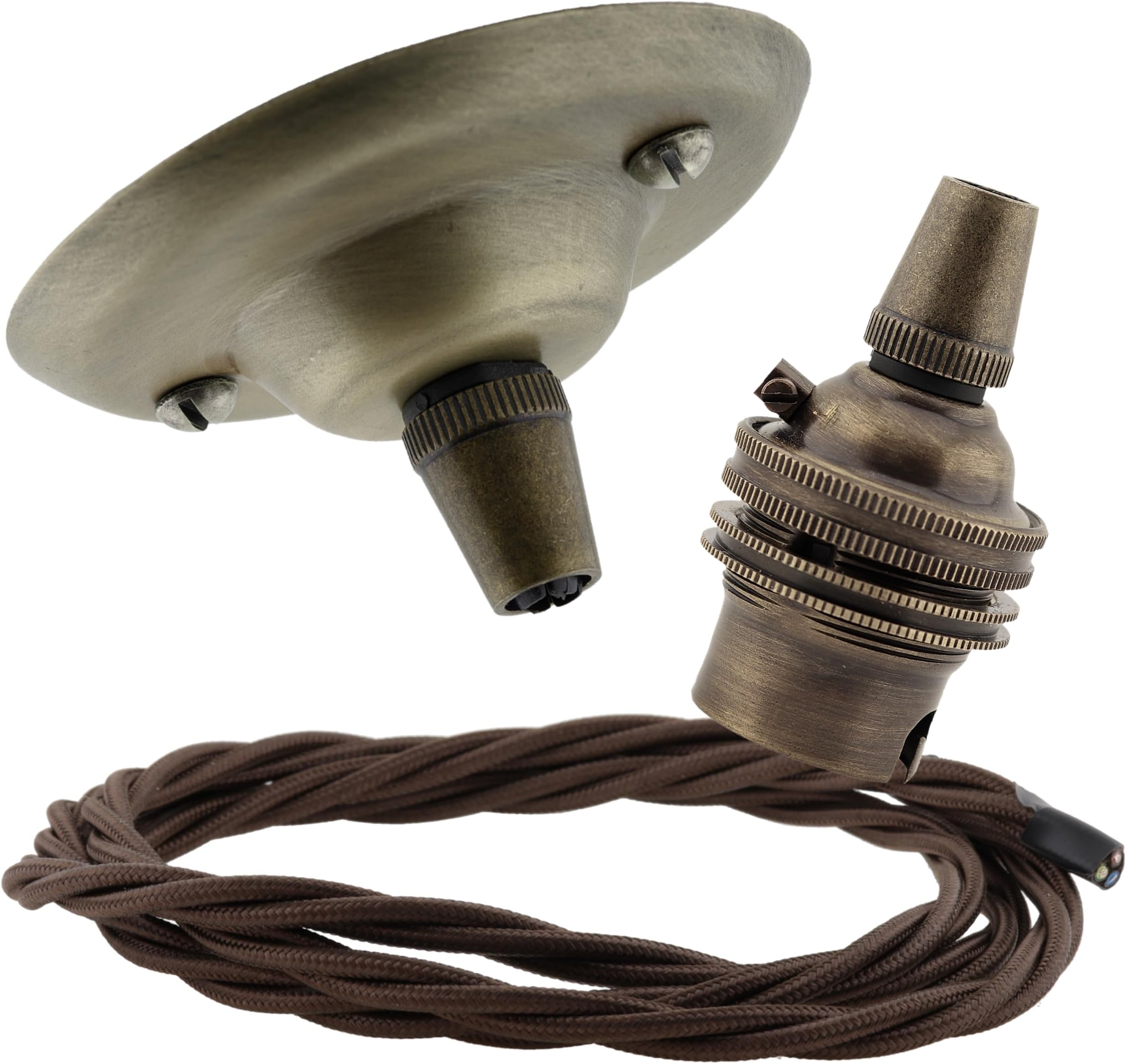 Repaireum Ltd. Vintage Styled Ceiling Pendant Kit incl. Antiqued Brass Finish Rose, B22 Bulb Holder and 3 Core Mocha Brown Braided Twisted Flex