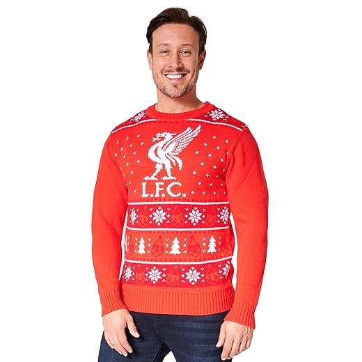 Liverpool FC Christmas Jumpers for Men Teenagers Warm Cosy Football Xmas Jumper M-3XL - Liverpool Gifts for Men (Red, L)