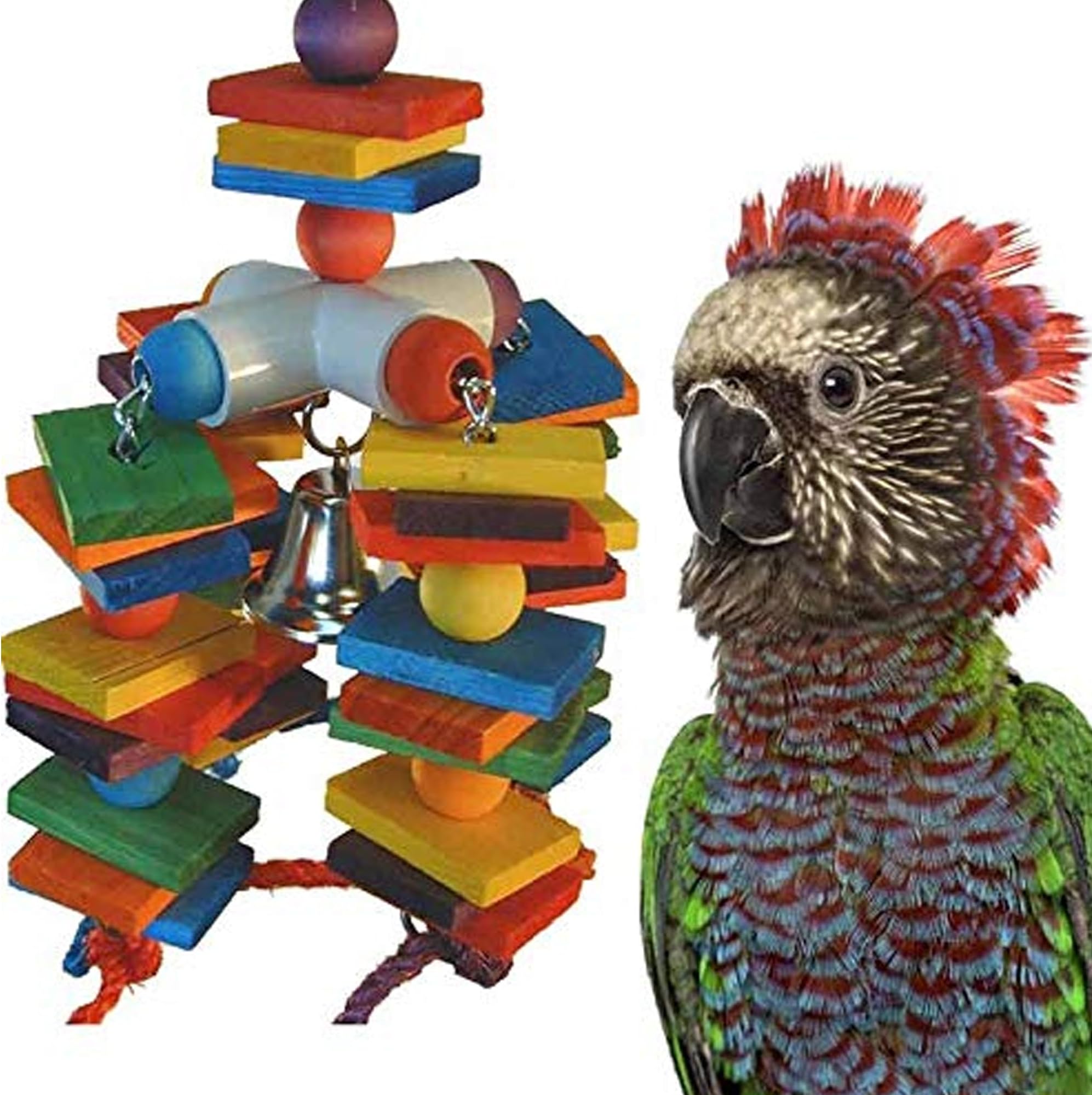 SB440 4 Way Play Bird Toy - Colorful Wooden Blocks, Ringing Bell, and Bird Swing - Perfect Chew Toys for Mini Macaws, Parrots and African Greys - Ideal for Large Birds