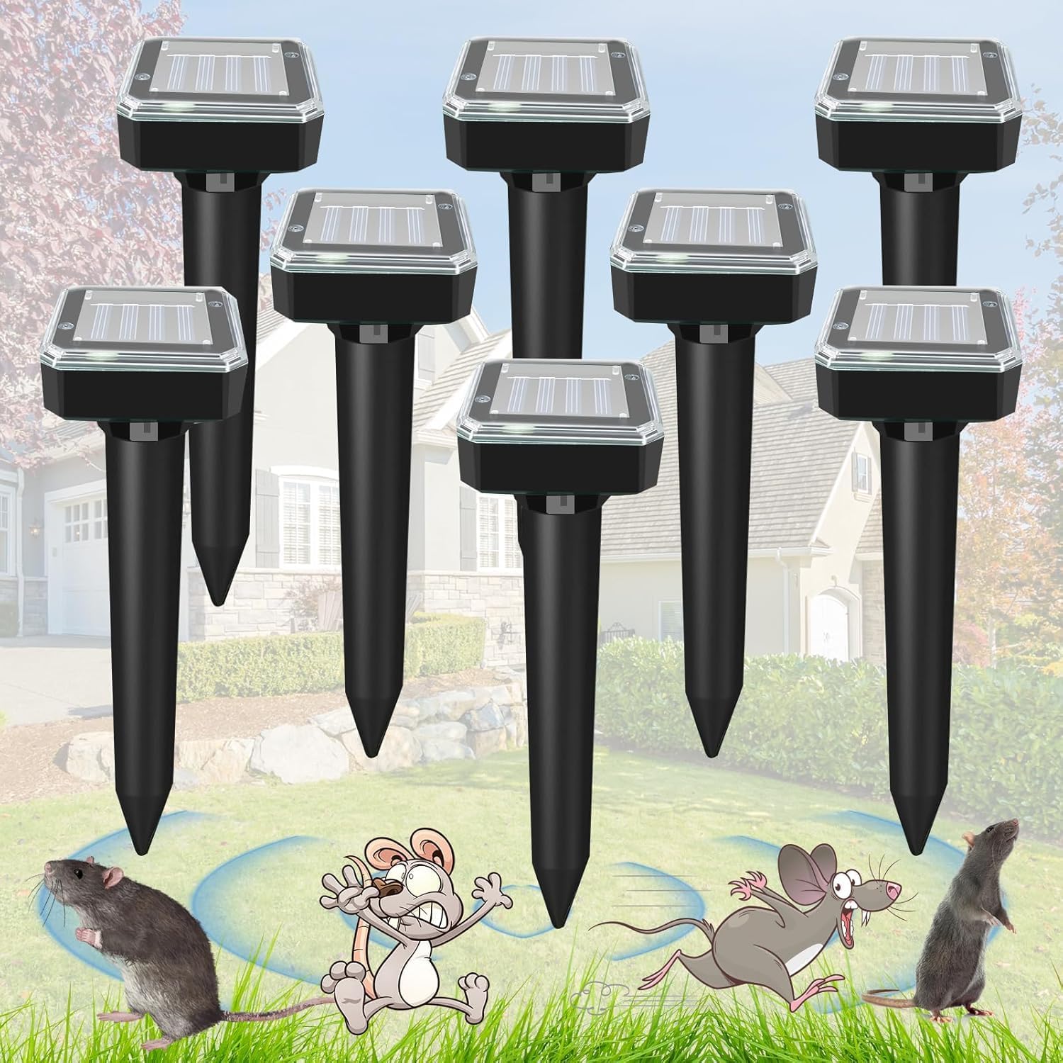 8 Pack Ultrasonic Mole Repellent,Solar Powered Gopher Mole Repellent Stakes for Chipmunks,Snake,Gophers,Voles,Waterproof Sonic Moles Deterrent for Outdoor Garden,Home (8 Pack)