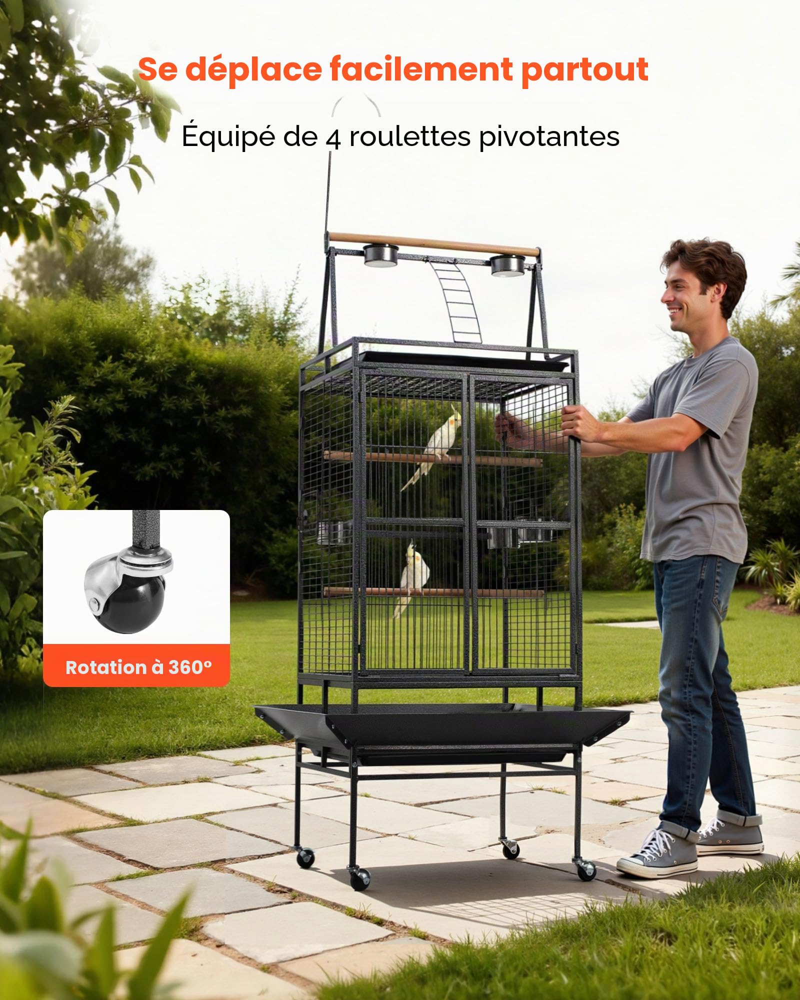 VEVOR Cage Oiseau 83x79x210 cm Volière Oiseaux Toit Plat Ouvert Cage Perroquet sur Pied Roues pour Mésange Bleue Calopsitte Canari Perruche Ondulée Conure, avec Perchoirs Plateau Coulissant Mangeoires