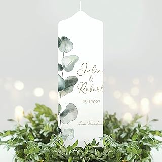 Wandtattoo Loft Hochzeitskerze personalisiert mit Namen und Datum, Motiv mit Eukalyptuszweig, 25cm x 7cm, personalisierte Traukerze, Hochzeit Kerze selbst gestalten, Hochzeitsgeschenk, Valentinstag