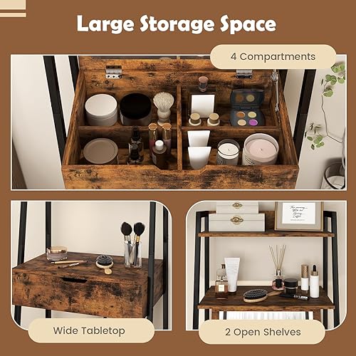 Miniatura 3 de CHARMAID Juego de escritorio de tocador de escalera  Mesa de tocador de maquillaje con espejo abatible, taburete acolchado, 4 compartimentos de