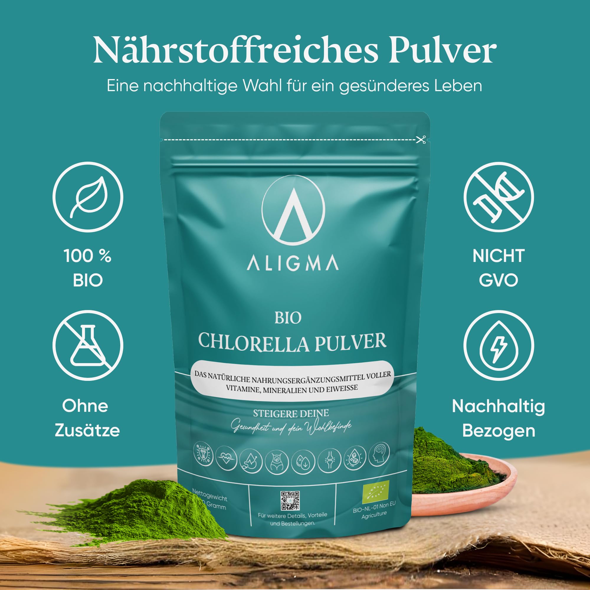 Aligma Bio-Chlorella-Pulver 250 g zur Stärkung des Immunsystems, Super Grüns-Pulver, natürliche Quelle für veganes Protein, Mineralien und Vitamine | Wiederverschließbare Verpackung