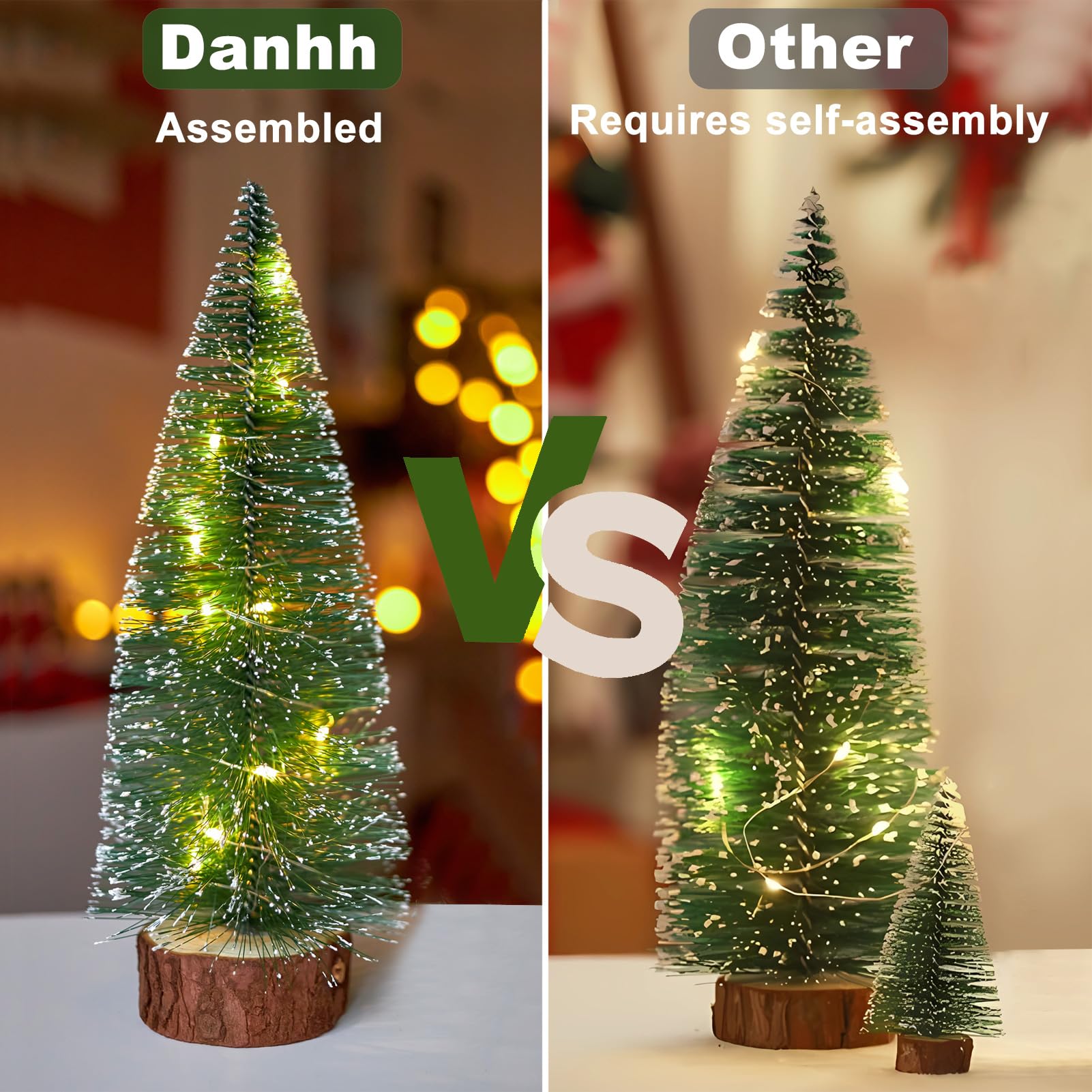 8 mini árboles de Navidad, 2 modos, árboles artificiales con temporizador, cadena de luces LED, pinos pequeños con base de madera para decoración del hogar (blanco cálido)