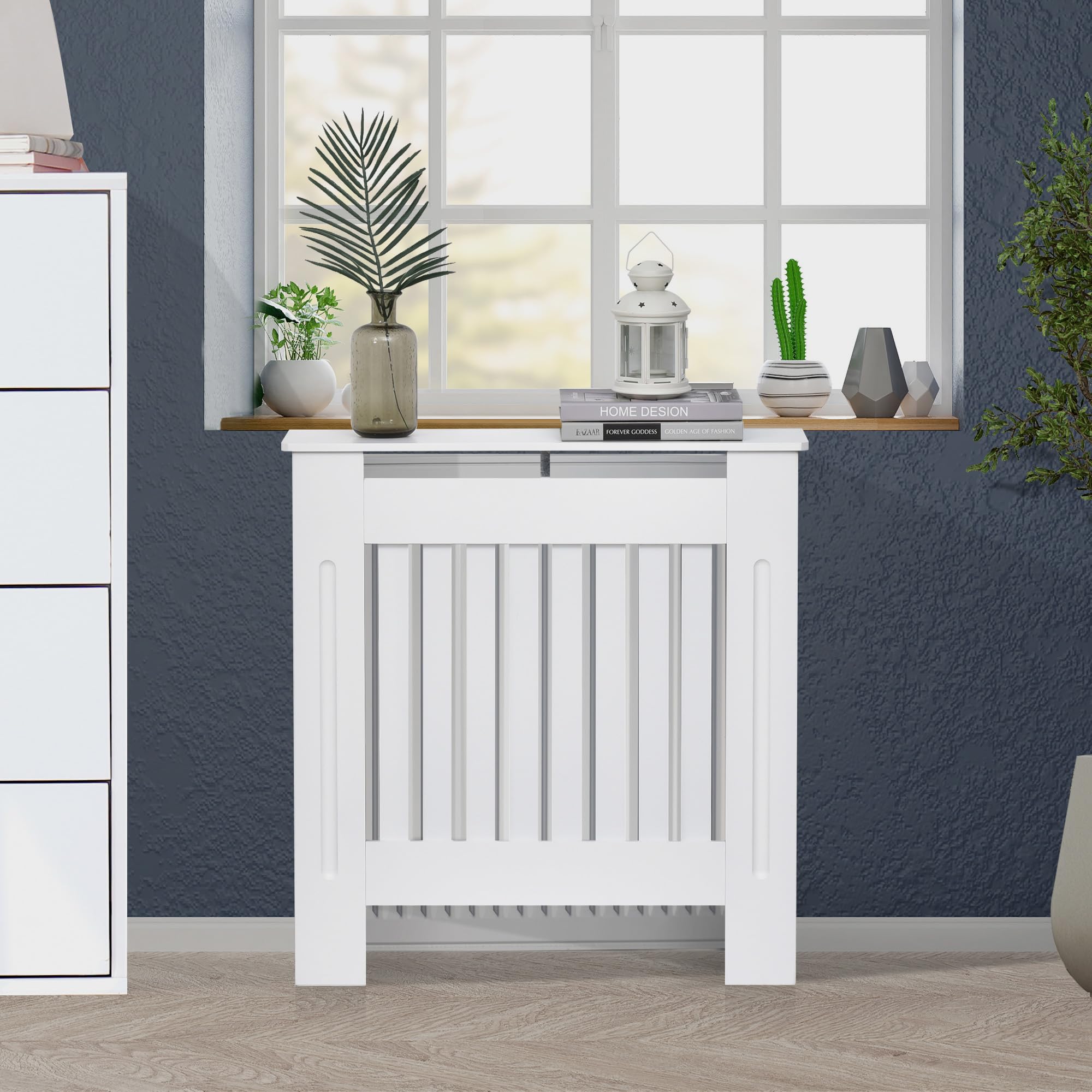 HOMCOM Copritermosifone in Legno Bianco per Caloriferi e Radiatori, Copri Termosifone Moderno con Anti-ribaltamento, Doghe e Piano d'Appoggio, 78x19x81cm