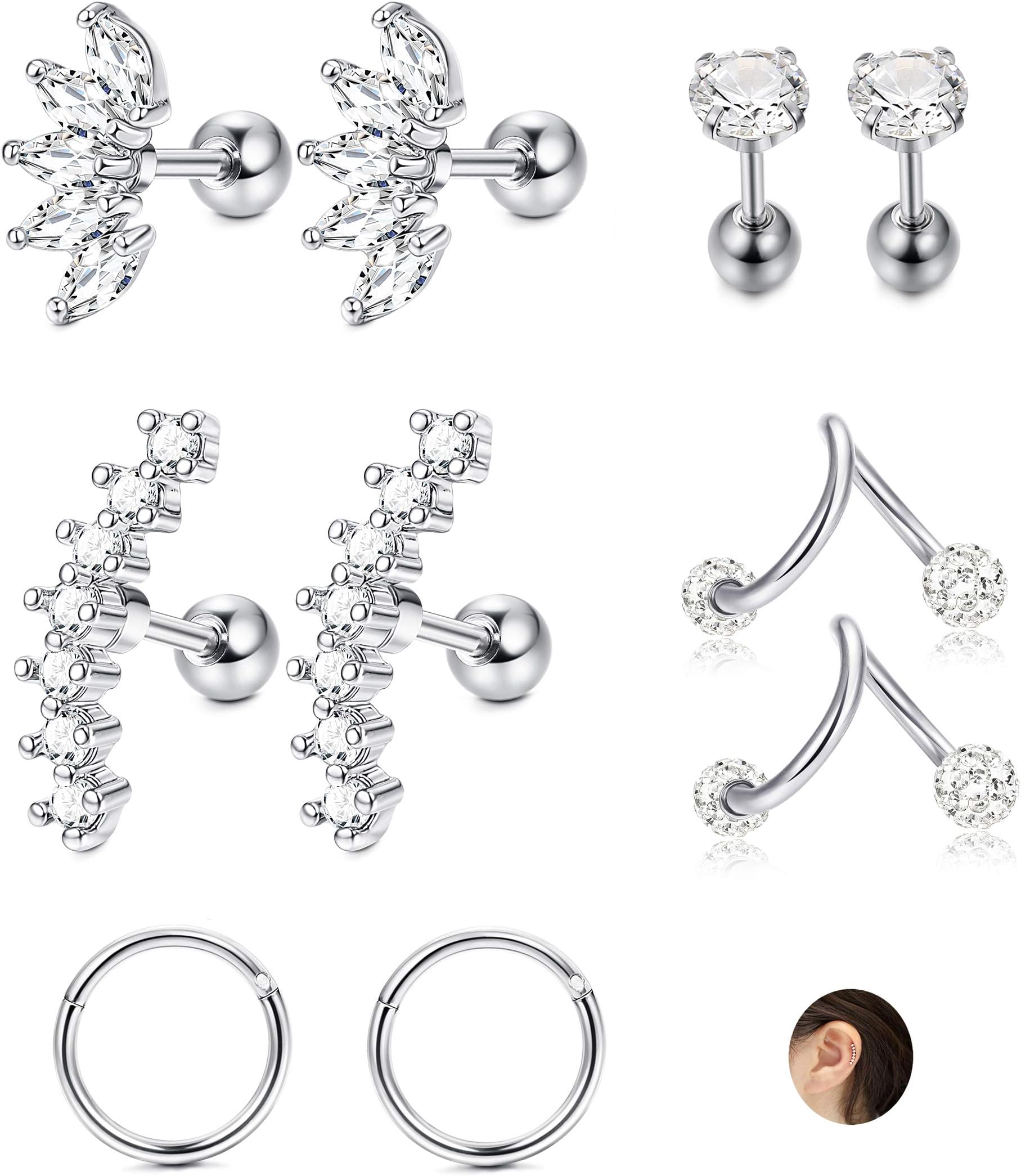 JOERICA 3 Pairs Stainless Steel Silver Ear Cartilage Earrings for Women Tragus Helix Earring Cute Conch Flat Back Piercing Jewelry 16G