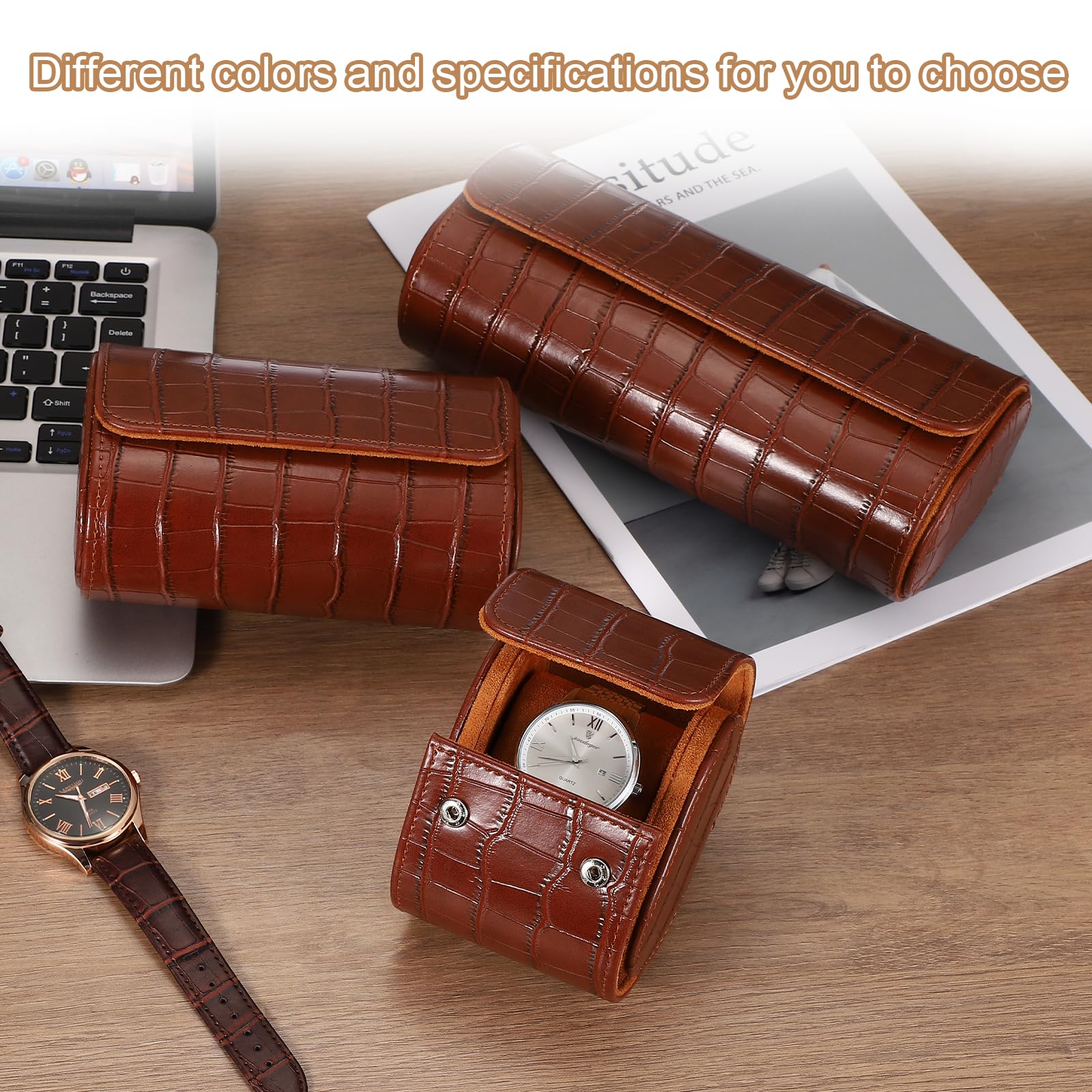 Custodia da viaggio per orologio da uomo in pelle con motivo coccodrillo, astuccio arrotolabile per orologio, scatola portaoggetti portatile per orologio, ideale per Natale, compleanno e anniversari
