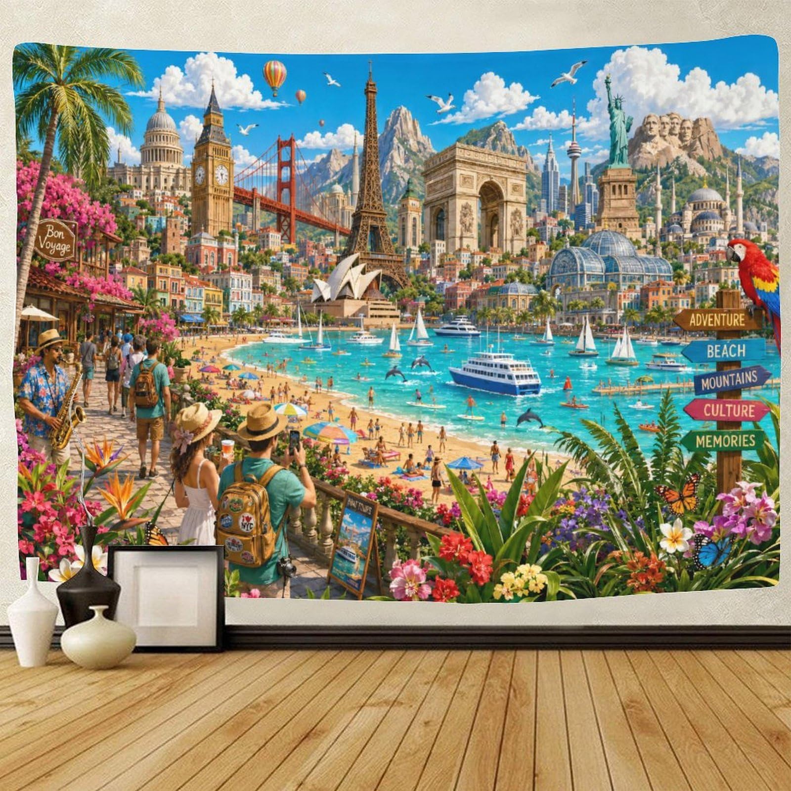 GPMNBCXZK World Famous Landmarks Collage 3D Print Wall Tapestry Wall Hanging Decor Tapestries Poster Curtain Living Room College Dorm 70cmx100cm