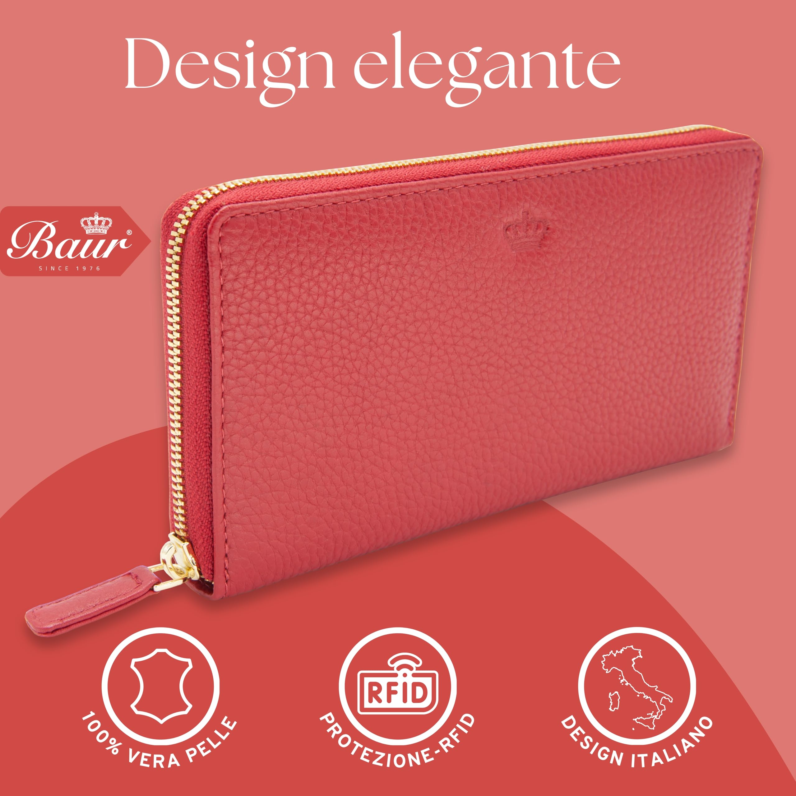 Baur portafoglio da donna – vera pelle con protezione RFID – portafoglio grande con 12 scomparti per carte – cerniera a giro in metallo (Cerniera oro, Rosso)