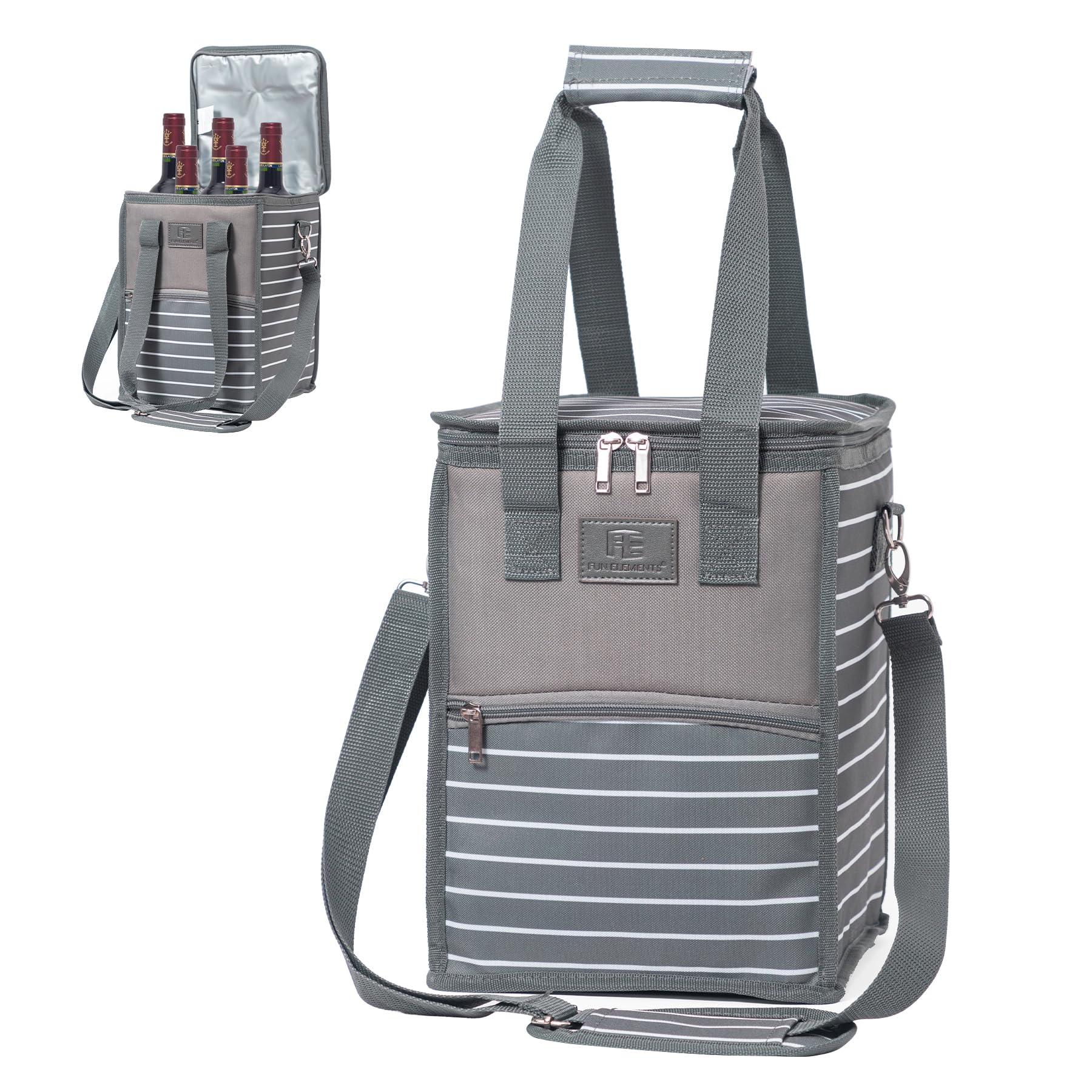 FE FUN ELEMENTSFE FUN ELEMENTS Insulated Carrier Cooler Bag for Wine, Leakproof Cooler Tote with Support Pad, Fits 5 Bottles, Cooler for Beach, Pool, Boat and Picnics