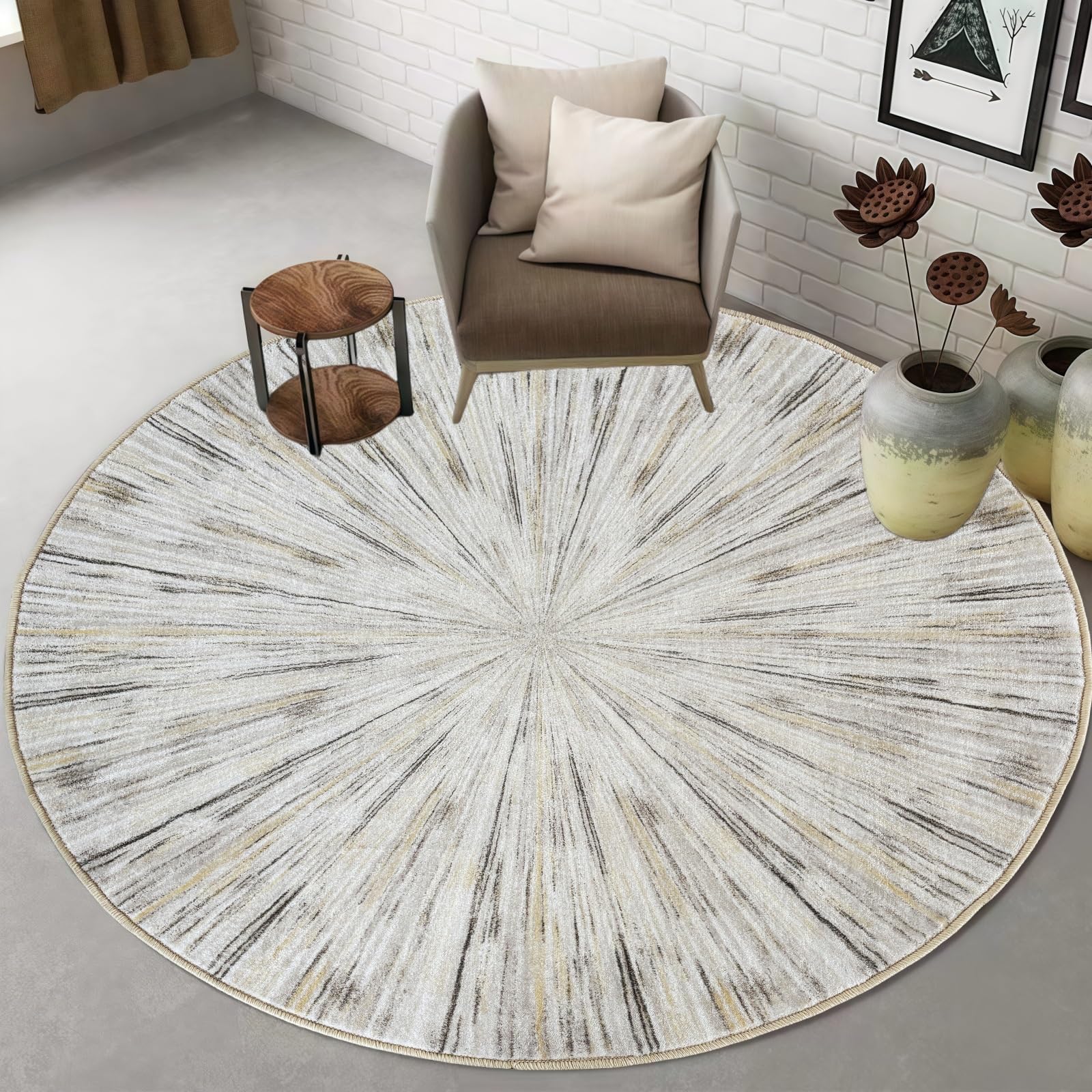 Grand tapis rond moderne 160 cm crème taupe pour entrée et salon