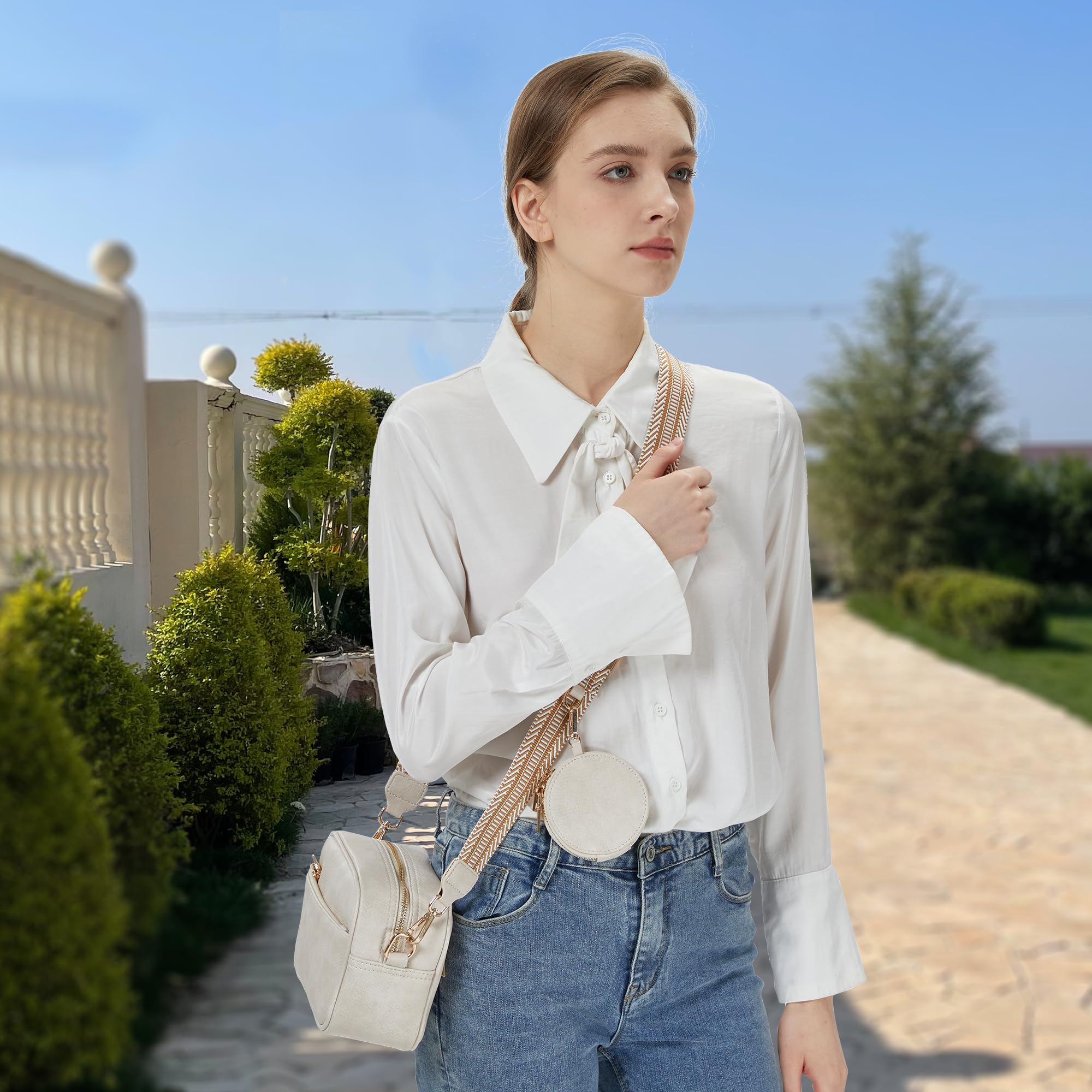 Kseymeir Shoulder Crossbody Bag for Women 2 Pack Designer Leather Handbag Purse Triple Zip Trendy Bag with Adjustable Strap (B-Off-White)